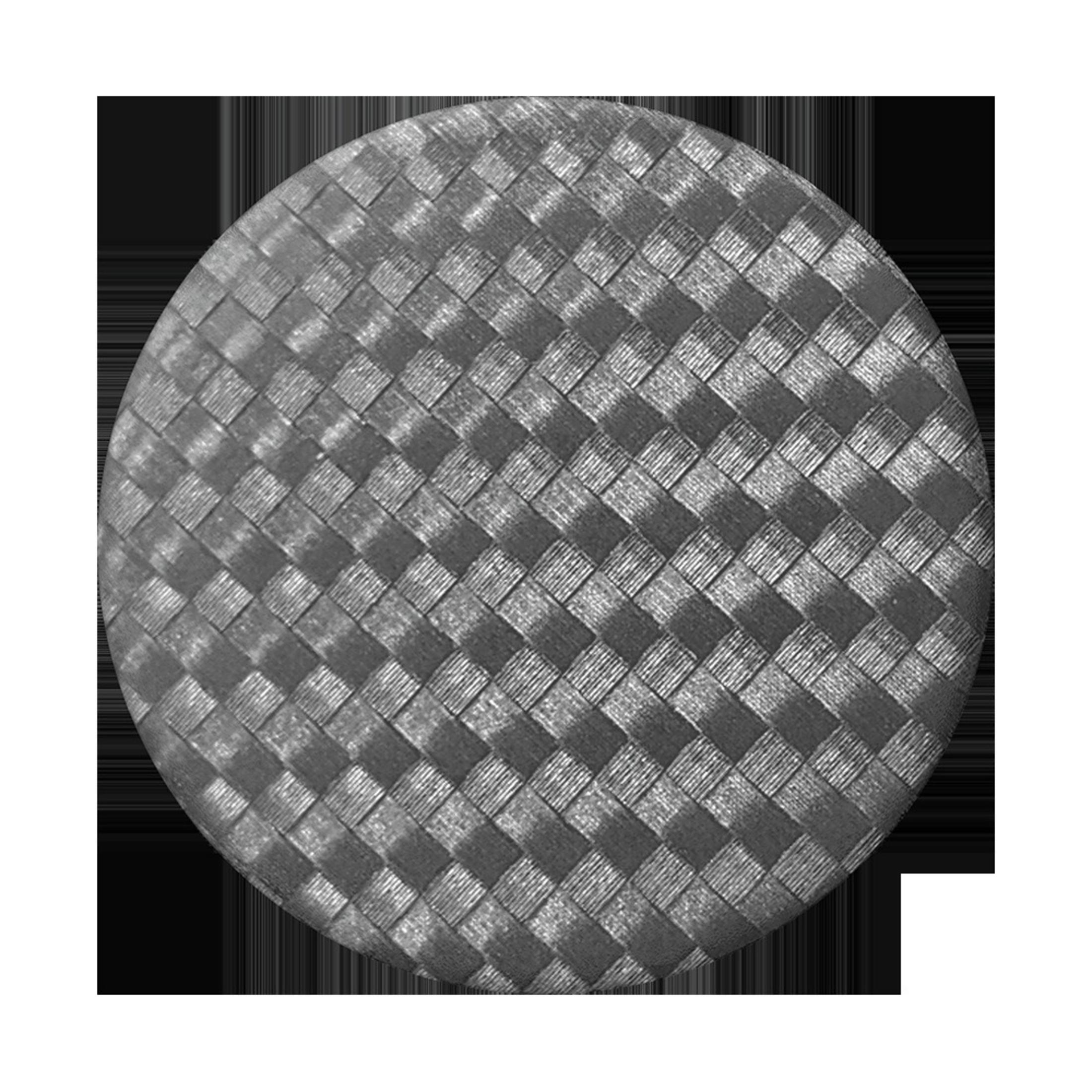 Patrón tejido gris redondo sobre un objeto circular. El tejido es un patrón de diamantes con un borde negro.