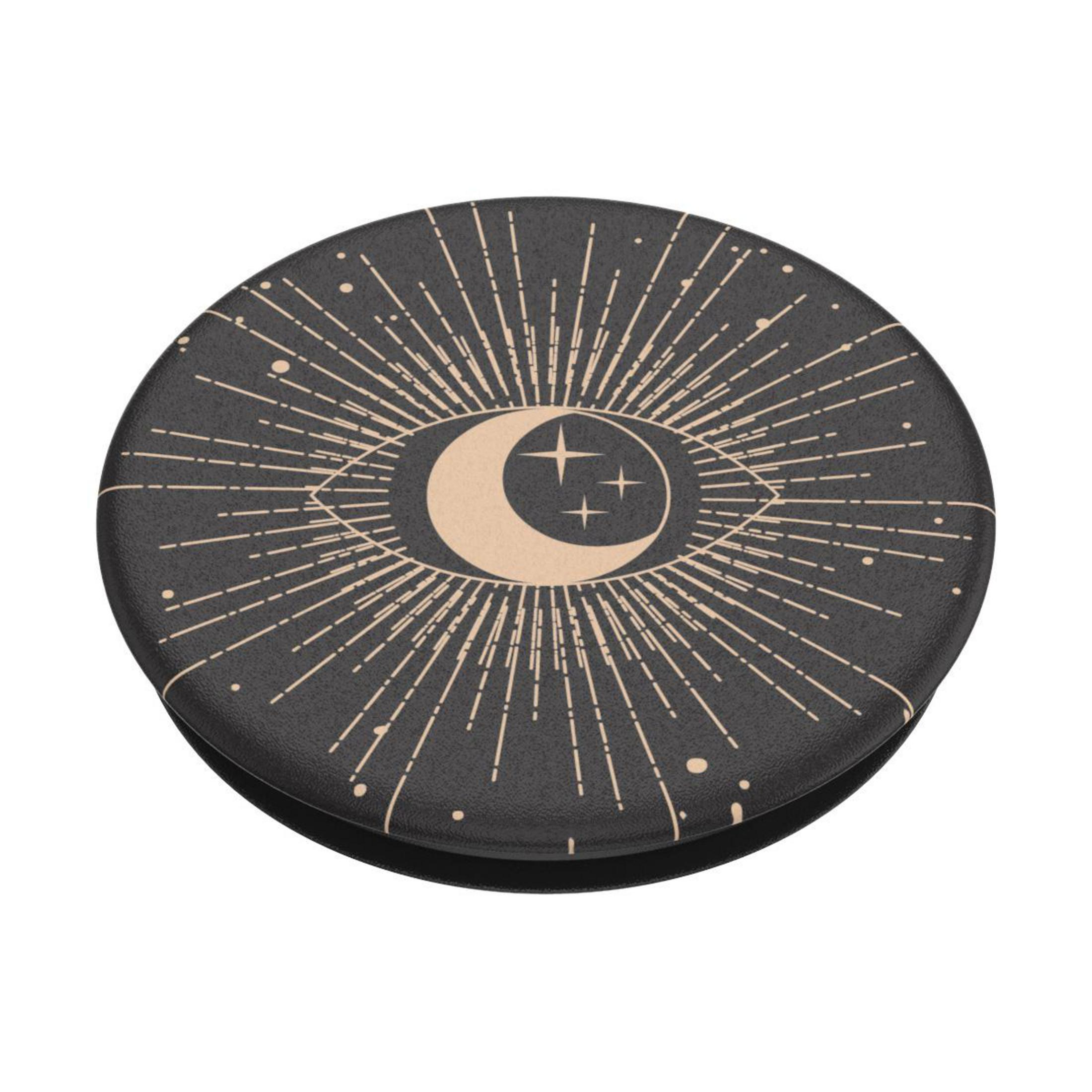 Ein schwarzes PopSockets mit einem goldenen Auge und Halbmond-Design.