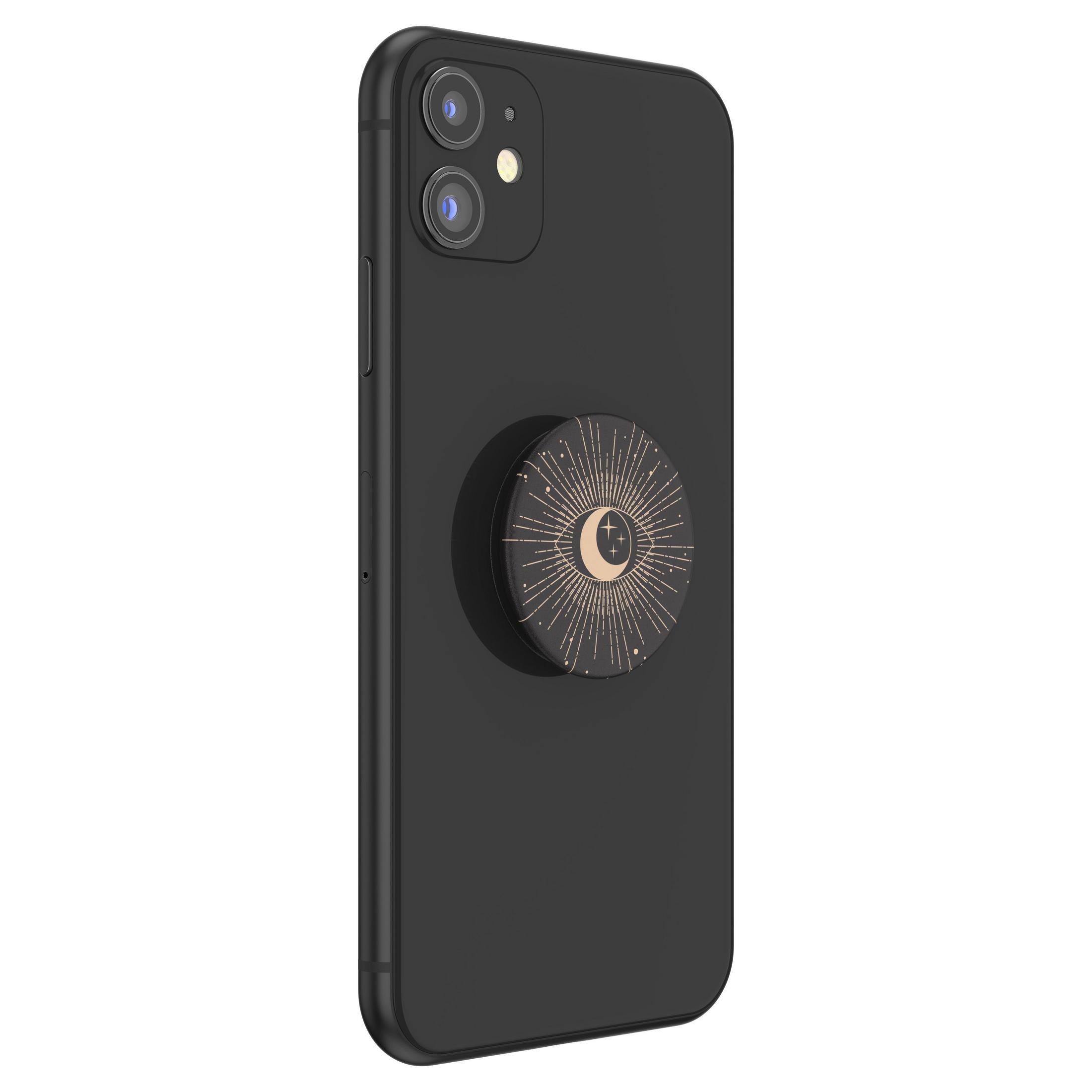Schwarzes iPhone mit einem PopSocket mit einem Mond- und Sonnendesign.