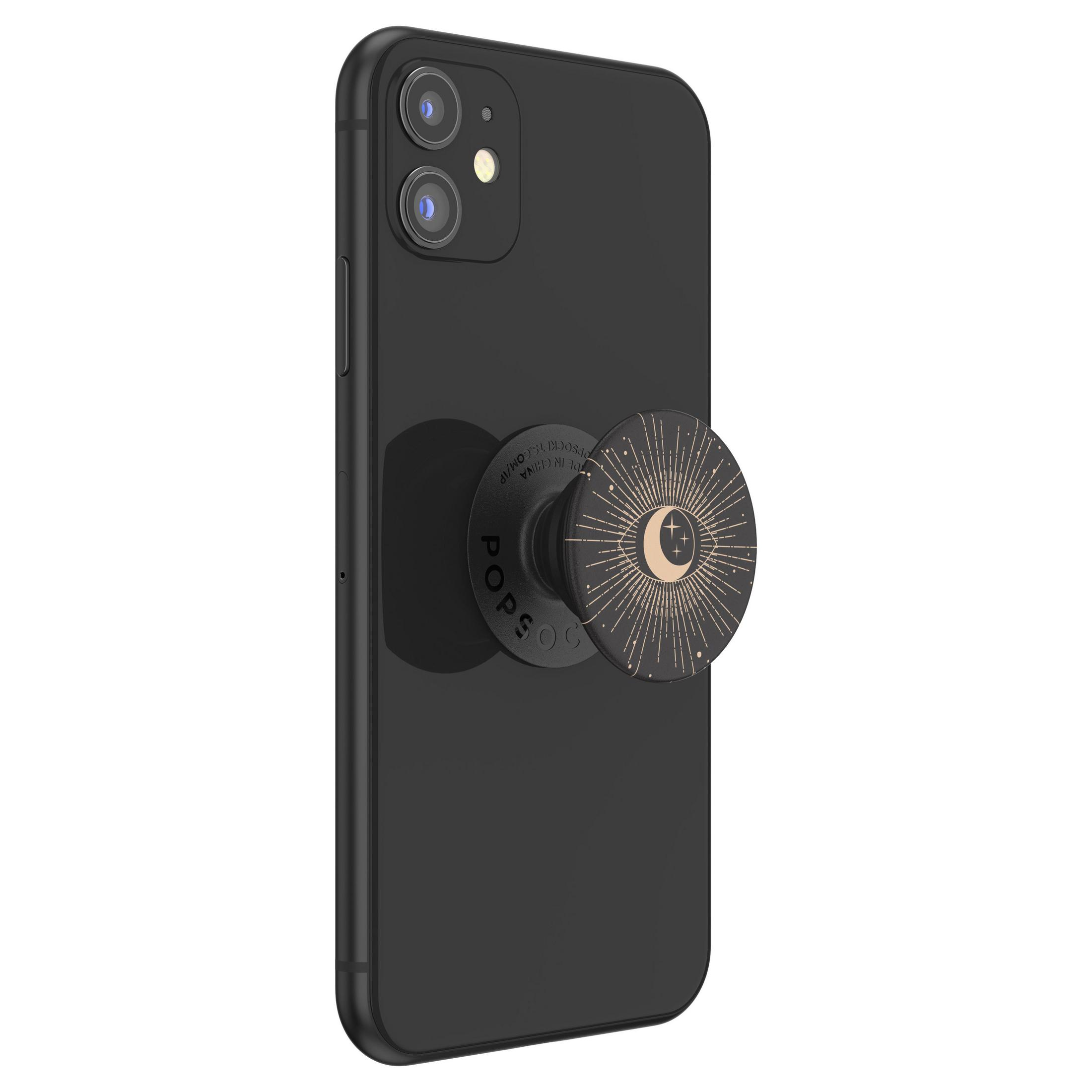 Schwarzes Smartphone mit Pop-Socket befestigt.