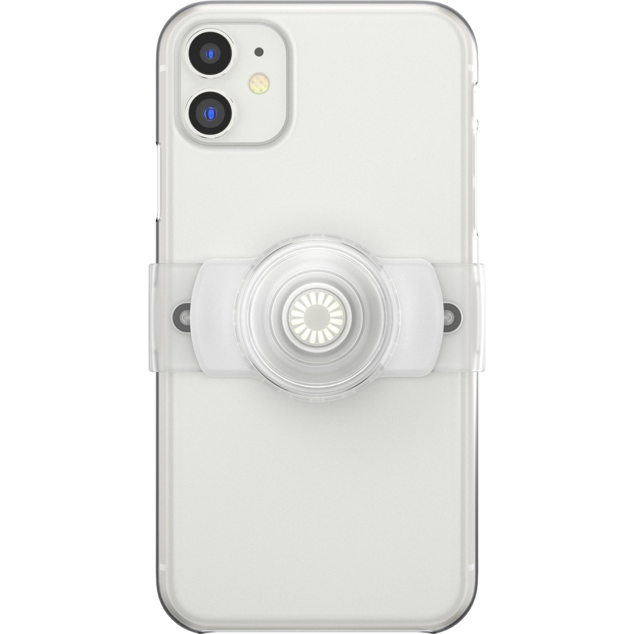 Ein weißes iPhone auf einer weißen Oberfläche mit angebrachtem Telefonriemen.