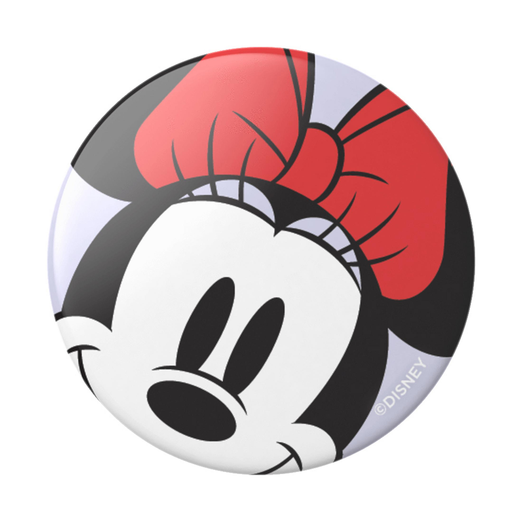 Runder PopSocket mit Minnie Mouse Bild. Rote Schleife, schwarzes Gesicht und weißer Hintergrund.
