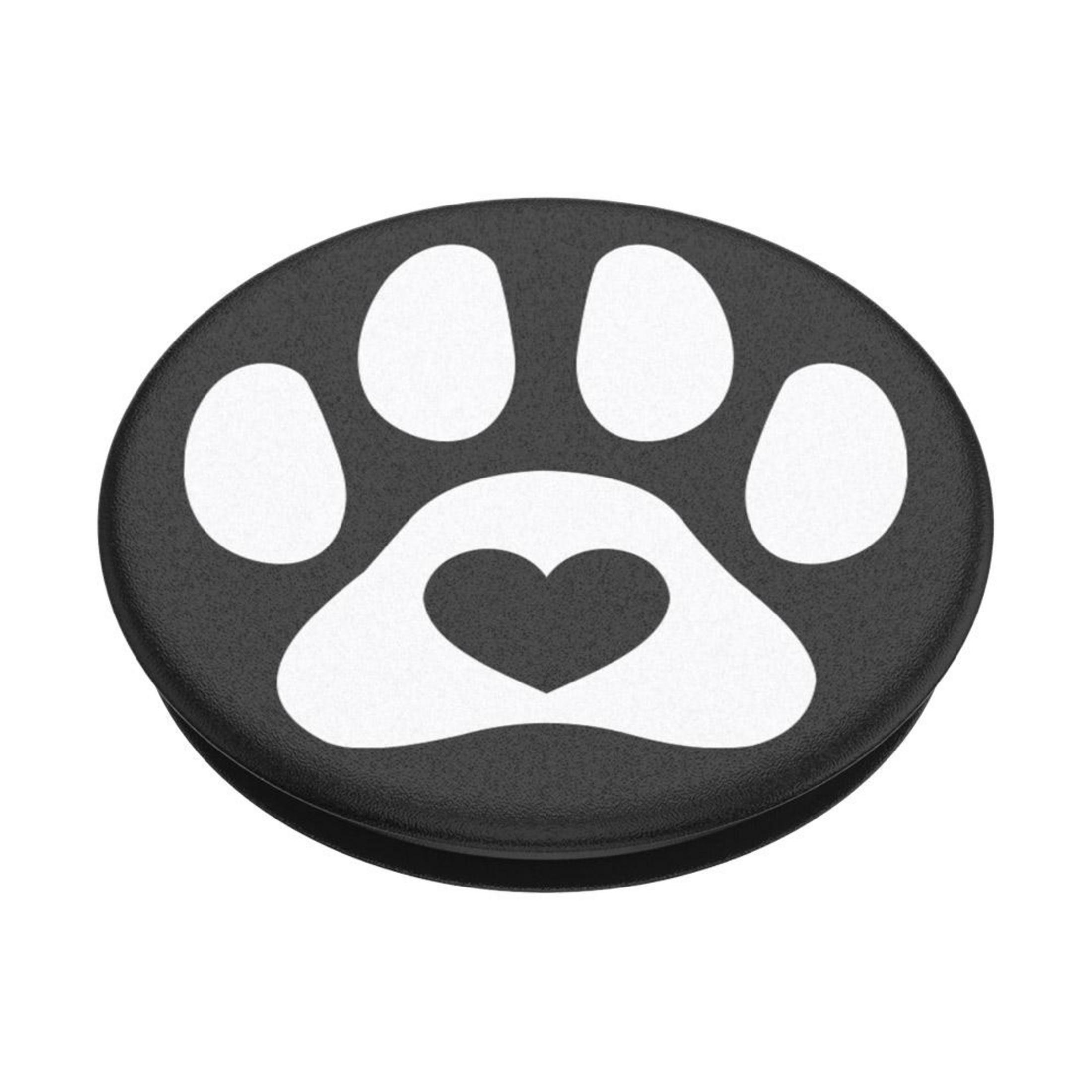 Ein schwarzer PopSocket mit weißem Pfotenabdruck und Herz in der Mitte auf schwarzem Grund.