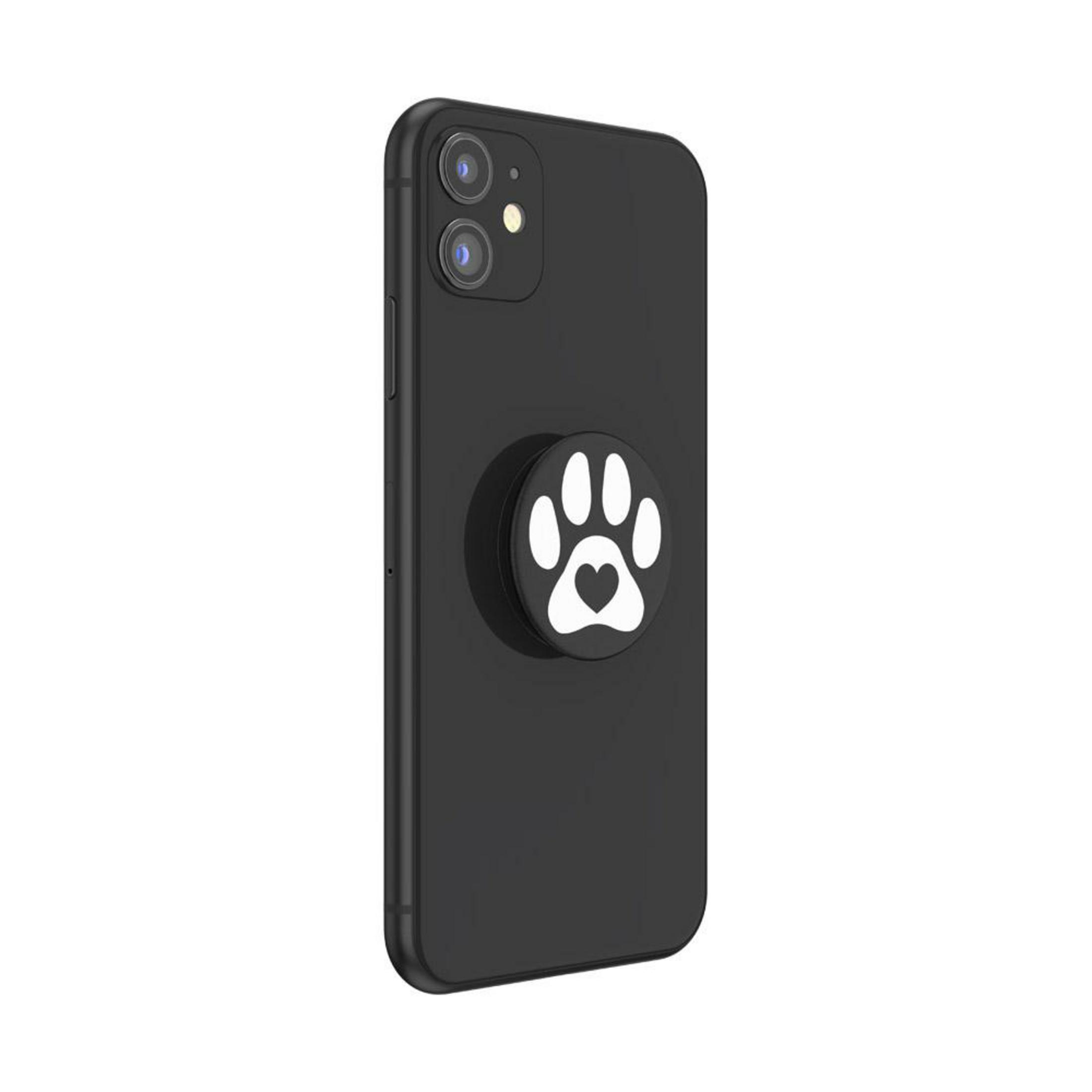Schwarzes Telefon mit Pfotenabdruck-Pop-Socket. Schwarze Handyhülle. Weißer Pfotenabdruck auf weißem Hintergrund.