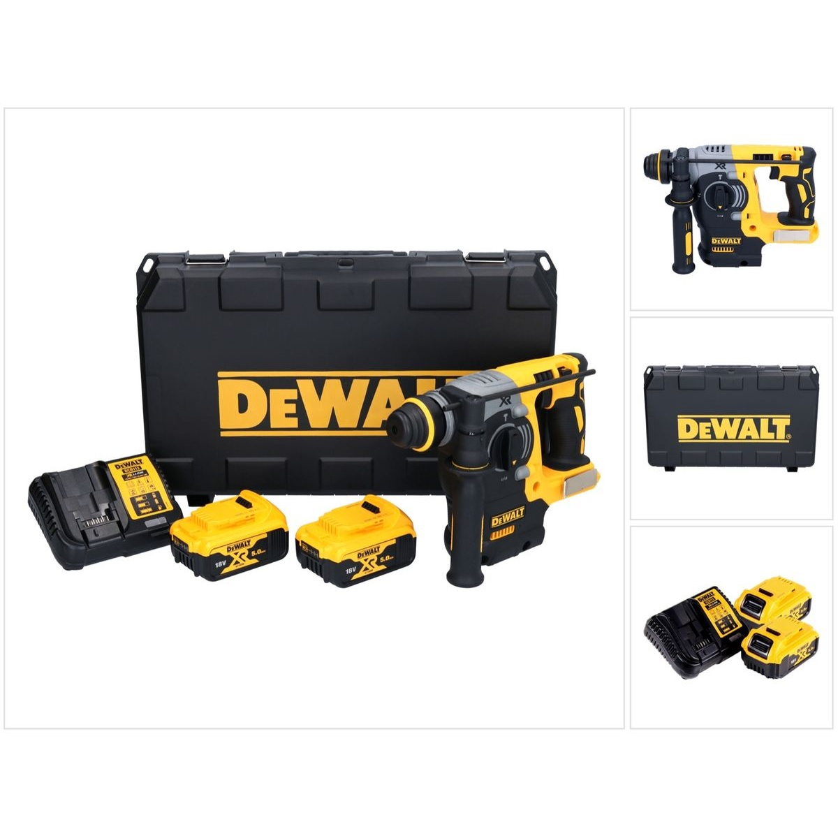 Ein schwarz-gelbes DeWalt-Bohrmaschinen-Set wird mit Batterien und einem Koffer angezeigt.