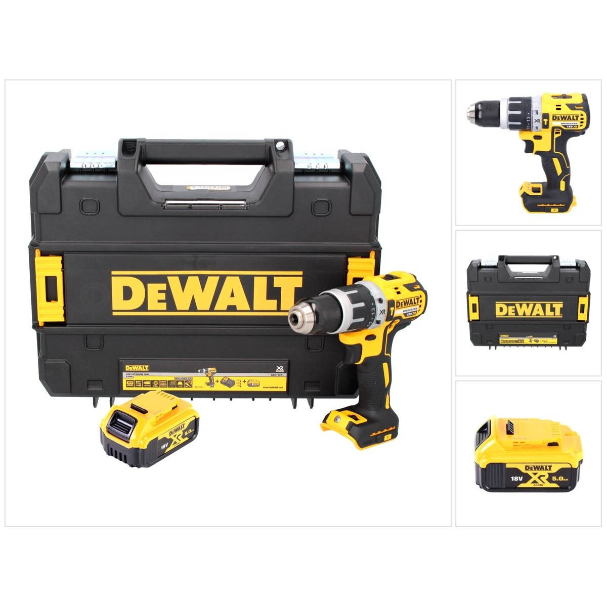 Ein schwarz-gelbes DeWalt Bohrer-Set wird angezeigt. Es enthält einen Bohrer, eine Batterie und einen schwarzen Koffer mit gelben Akzenten.