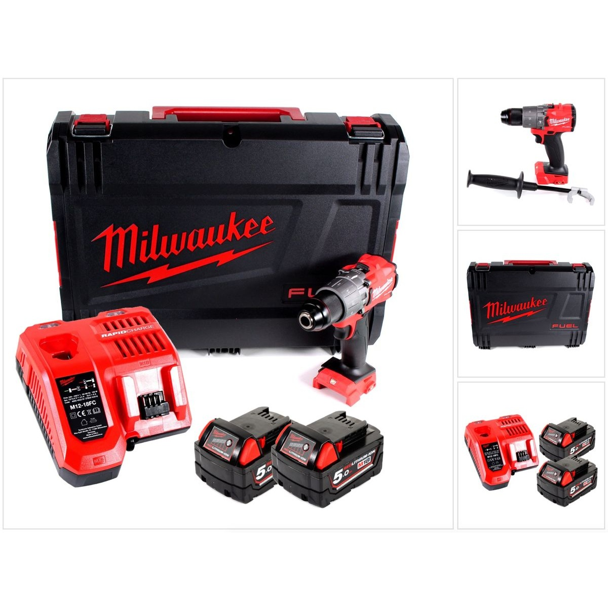 Ein rotes Milwaukee Werkzeugset mit Bohrmaschine, Ladegerät, Akkus und zusätzlichen Ansichten auf weißem Hintergrund.