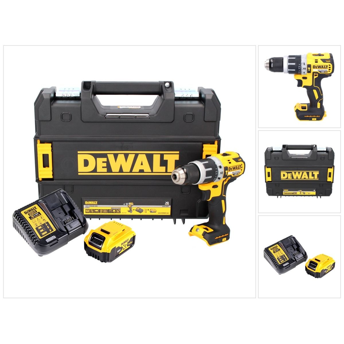 DeWALT Bohrmaschinen-Set, Bohrmaschine, Ladegerät und Akkus in einem schwarzen Koffer. Gelbe und schwarze Farben. Weißer Hintergrund.