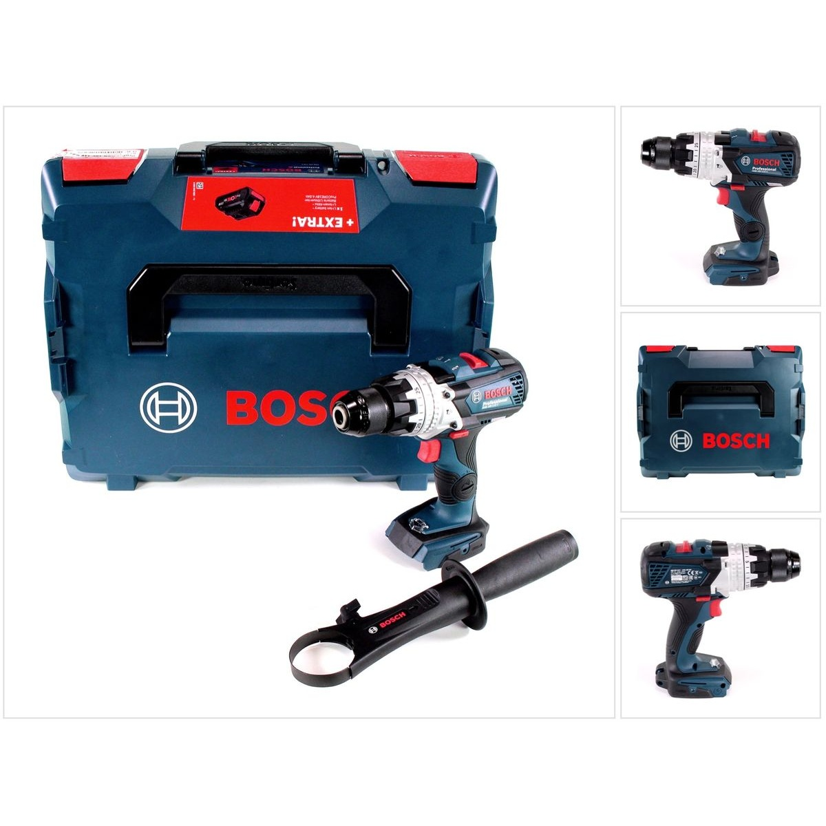 Bosch-Bohrer mit Koffer, Griff. Bohrer ist blau und schwarz. Mehrere Ansichten von Bohrer und Koffer.
