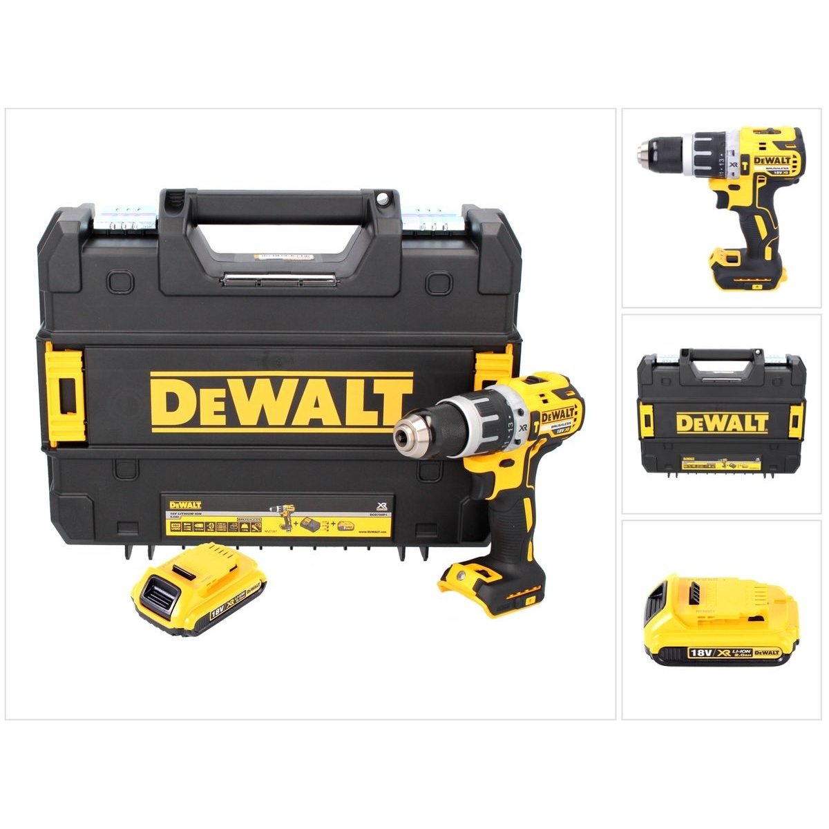 Eine gelb-schwarze DeWalt-Bohrmaschine, ein Akku und ein Koffer auf weißem Grund.