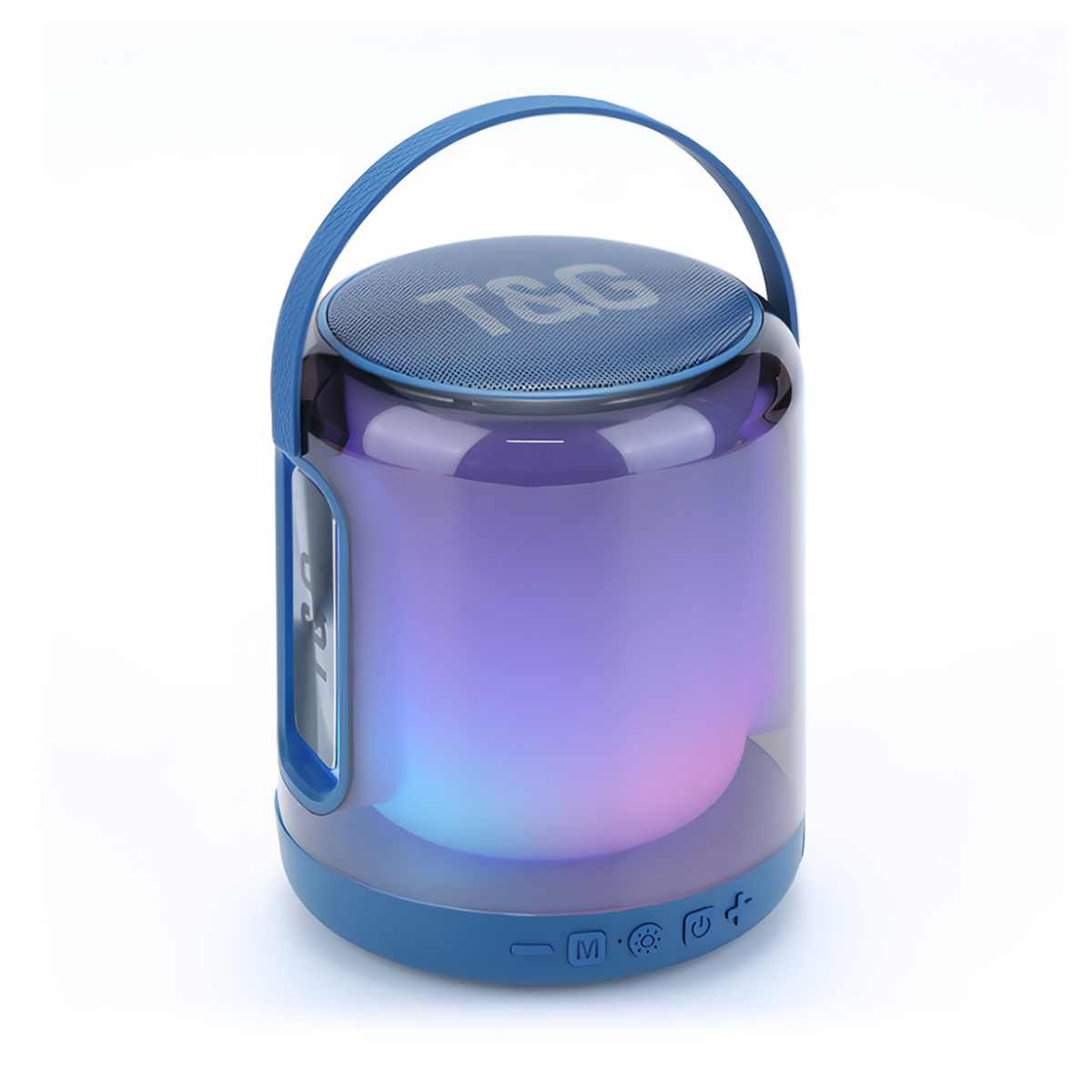 Un altavoz brillante azul y morado con asa y botones de control sobre blanco.