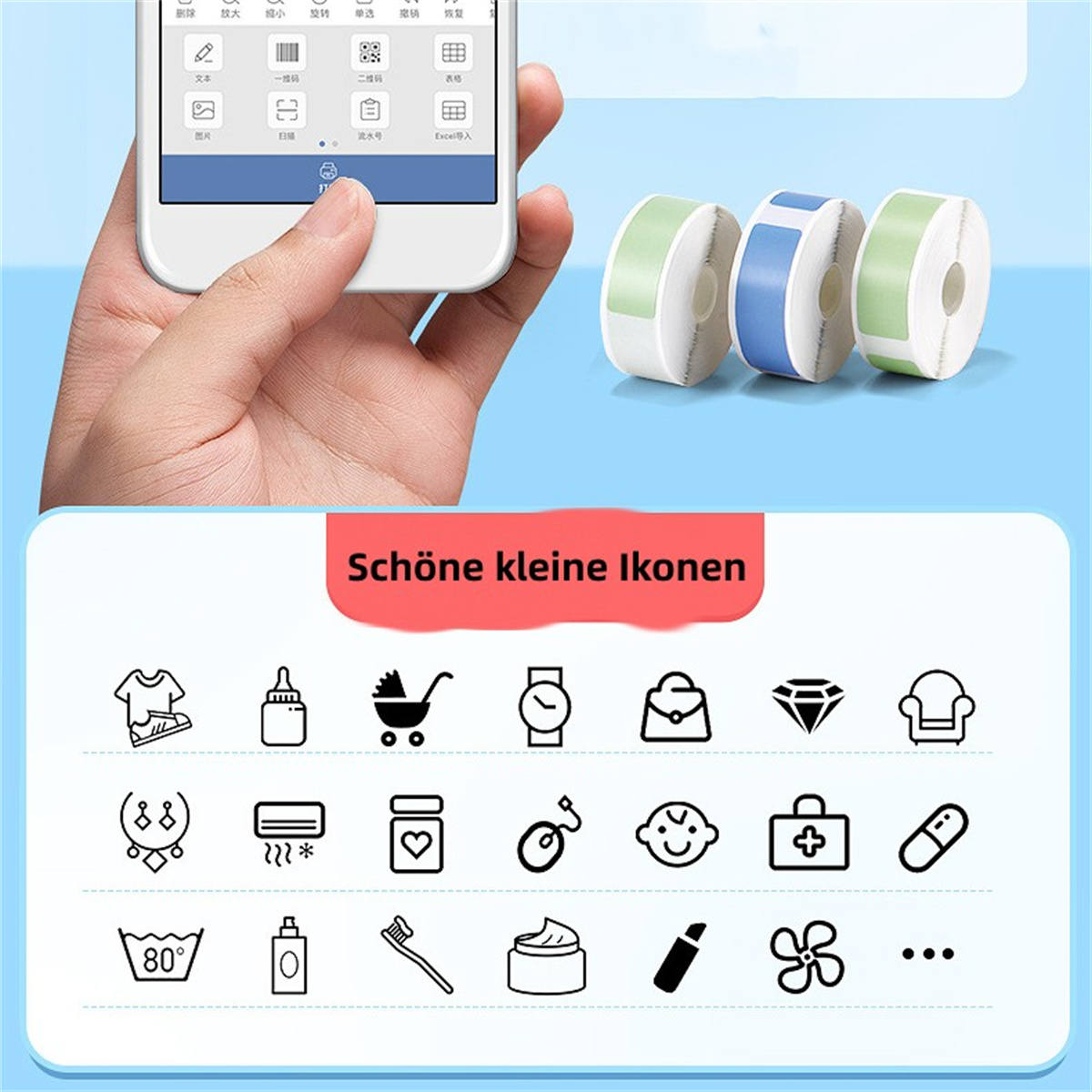 Hand hält Telefon mit Symbolen auf dem Bildschirm. Hintergrund: Etikettenrollen.