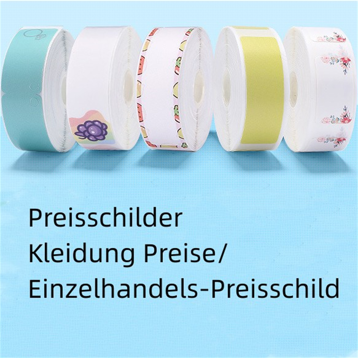 Fünf Etikettenrollen in einer Reihe. Text unten, mit hellblauem Hintergrund.