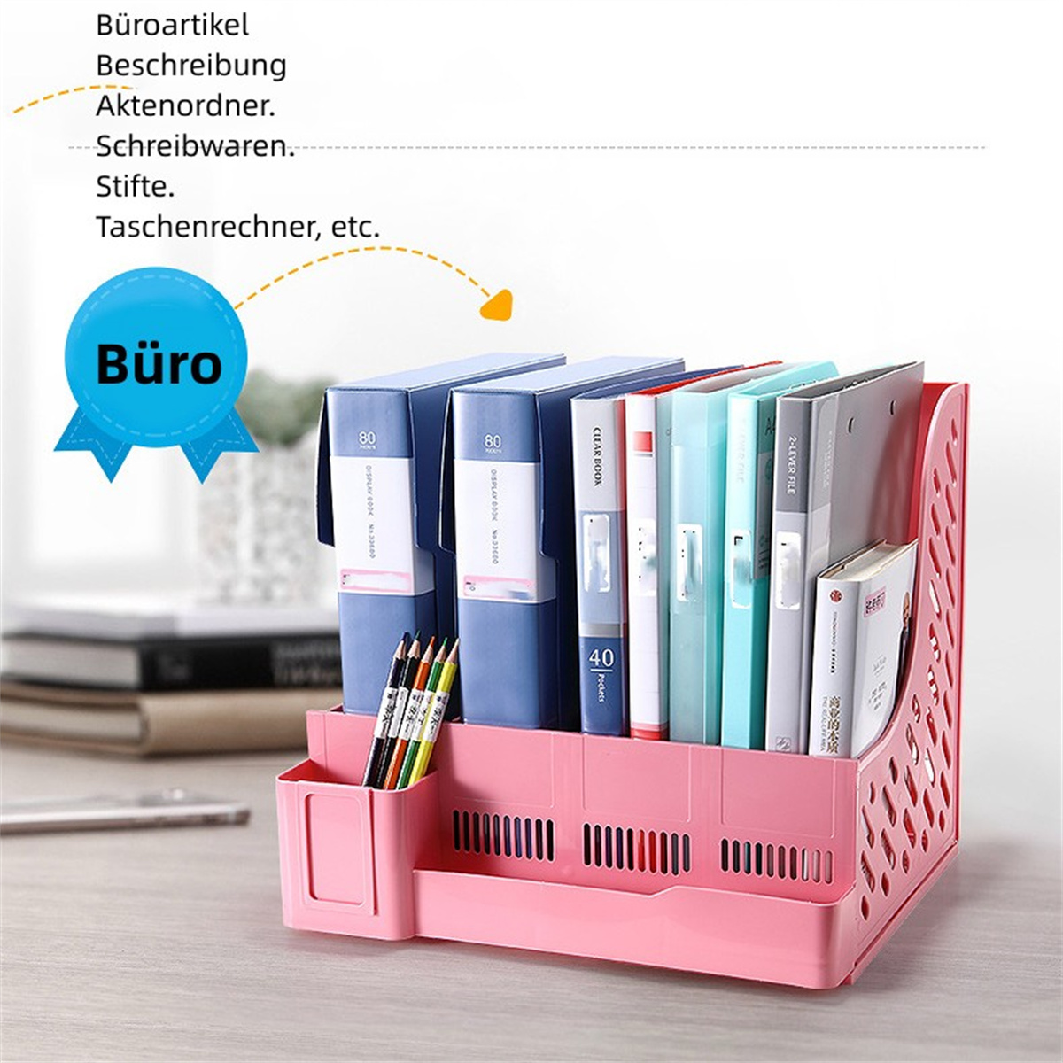 Rosa Büro-Organizer mit Ordnern, Stiften und Bleistiften. Text: Bürobedarf.