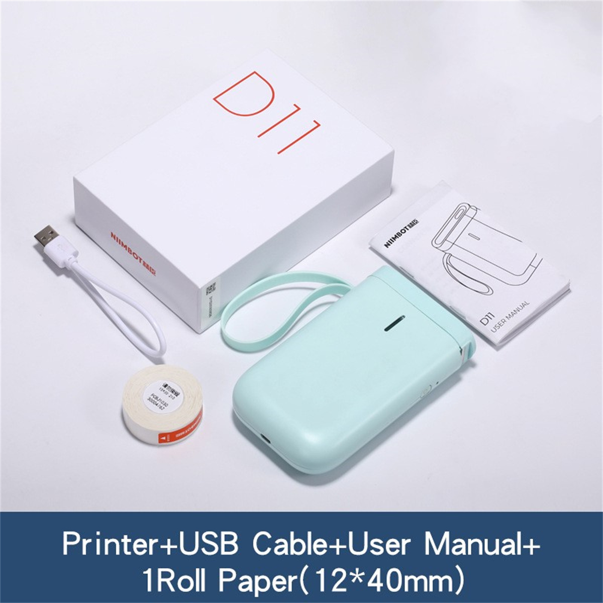 Etikettendrucker-Set mit Drucker, USB-Kabel, Papierrolle und Benutzerhandbuch.