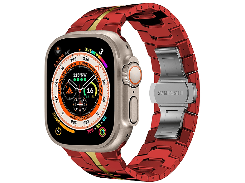 WIGENTO Deluxe Stahl Band, Ersatzarmband, Apple, Watch Series Ultra 1 + 2 49mm 9 8 7 45 / 6 SE 5 4 44 / 3 2 1 42mm, Rot / Gold
