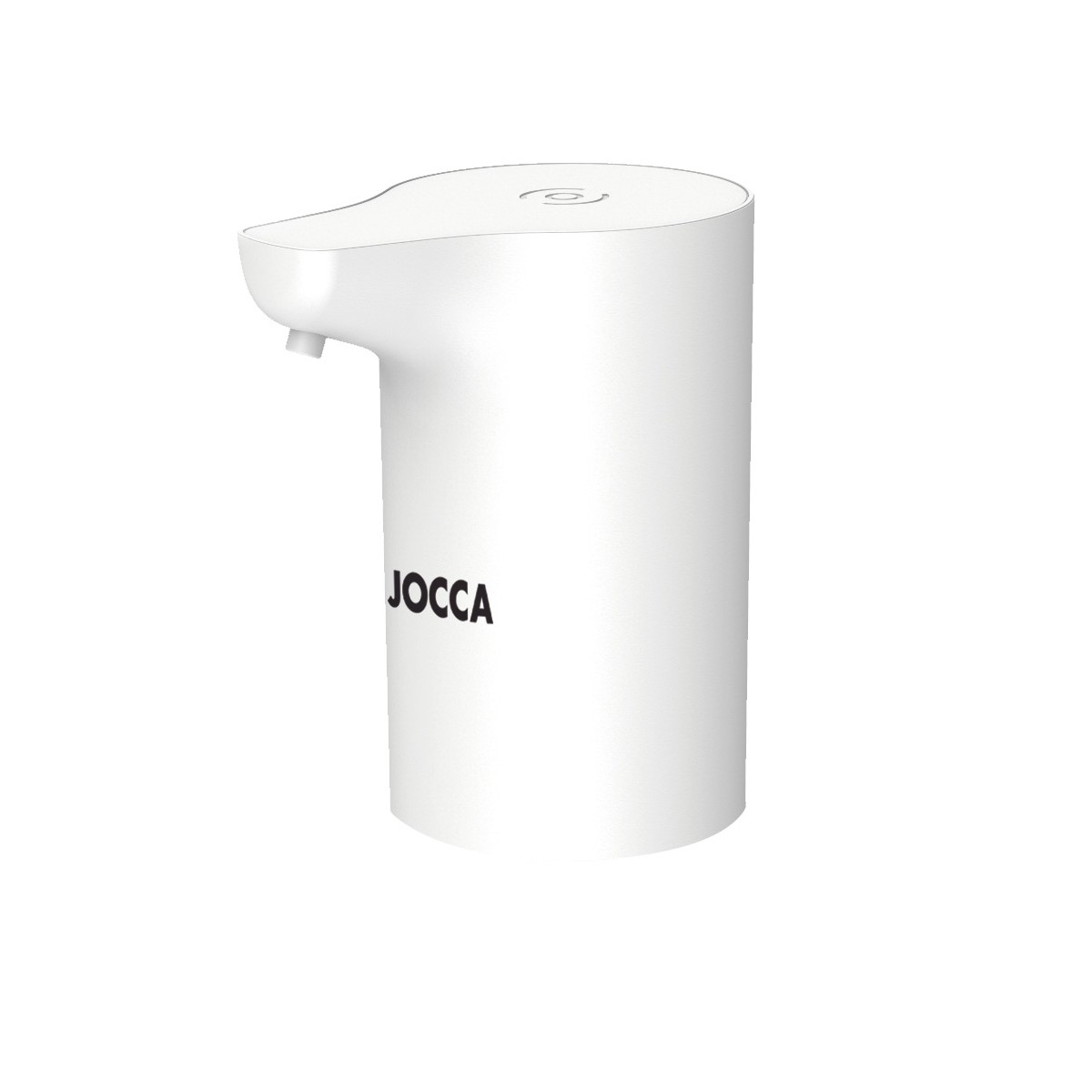Un dispensador de jabón automático blanco con la palabra JOCCA, sobre un fondo blanco.