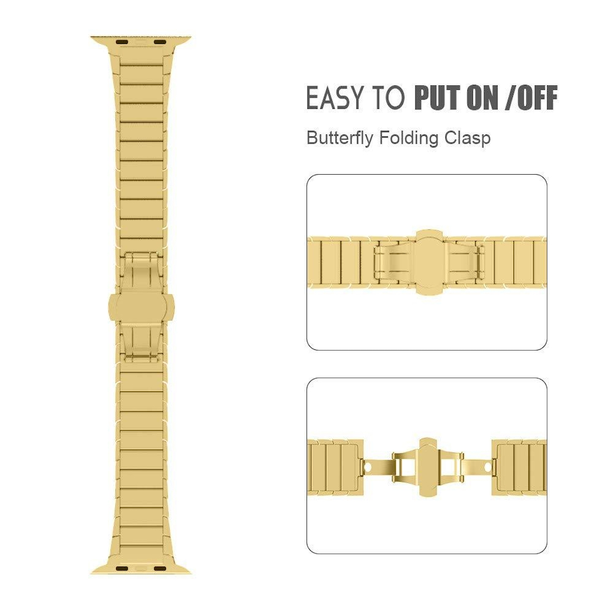 Goldenes Uhrenarmband mit Butterfly-Faltschließe. Das Armband wird geschlossen und geöffnet gezeigt.