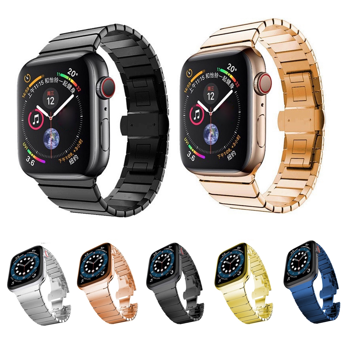 Mehrere Smartwatches, darunter Schwarz und Gold, mit Metallbändern, auf Weiß.