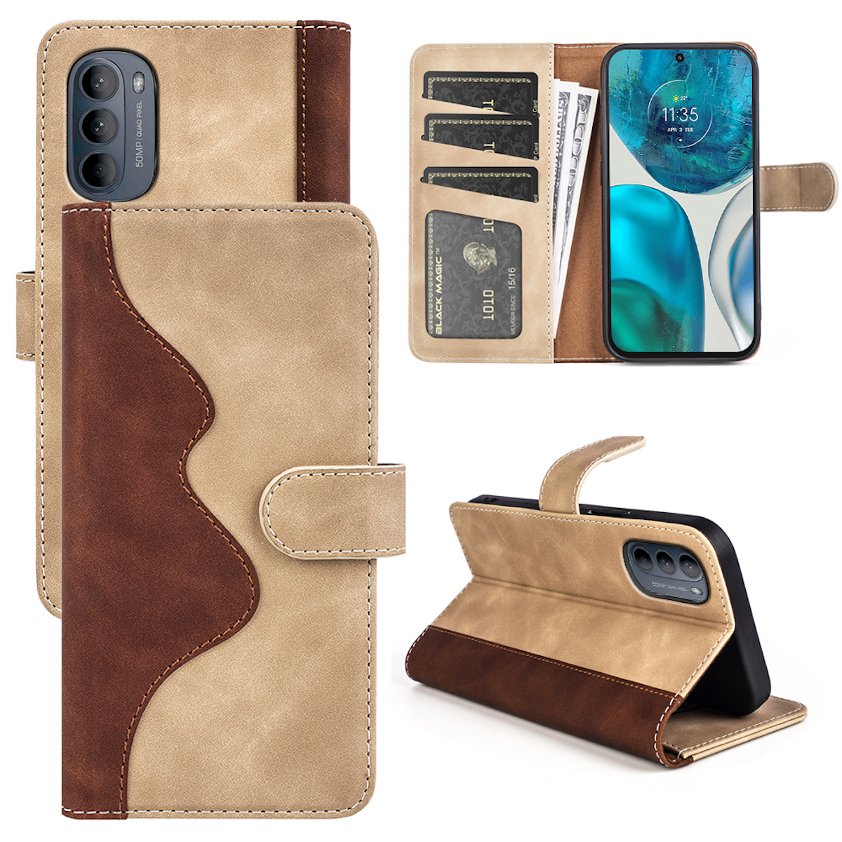 Smartphone-Hülle in Beige und Braun. Die Hülle ist offen und zeigt Kartenfächer und ein Telefon.