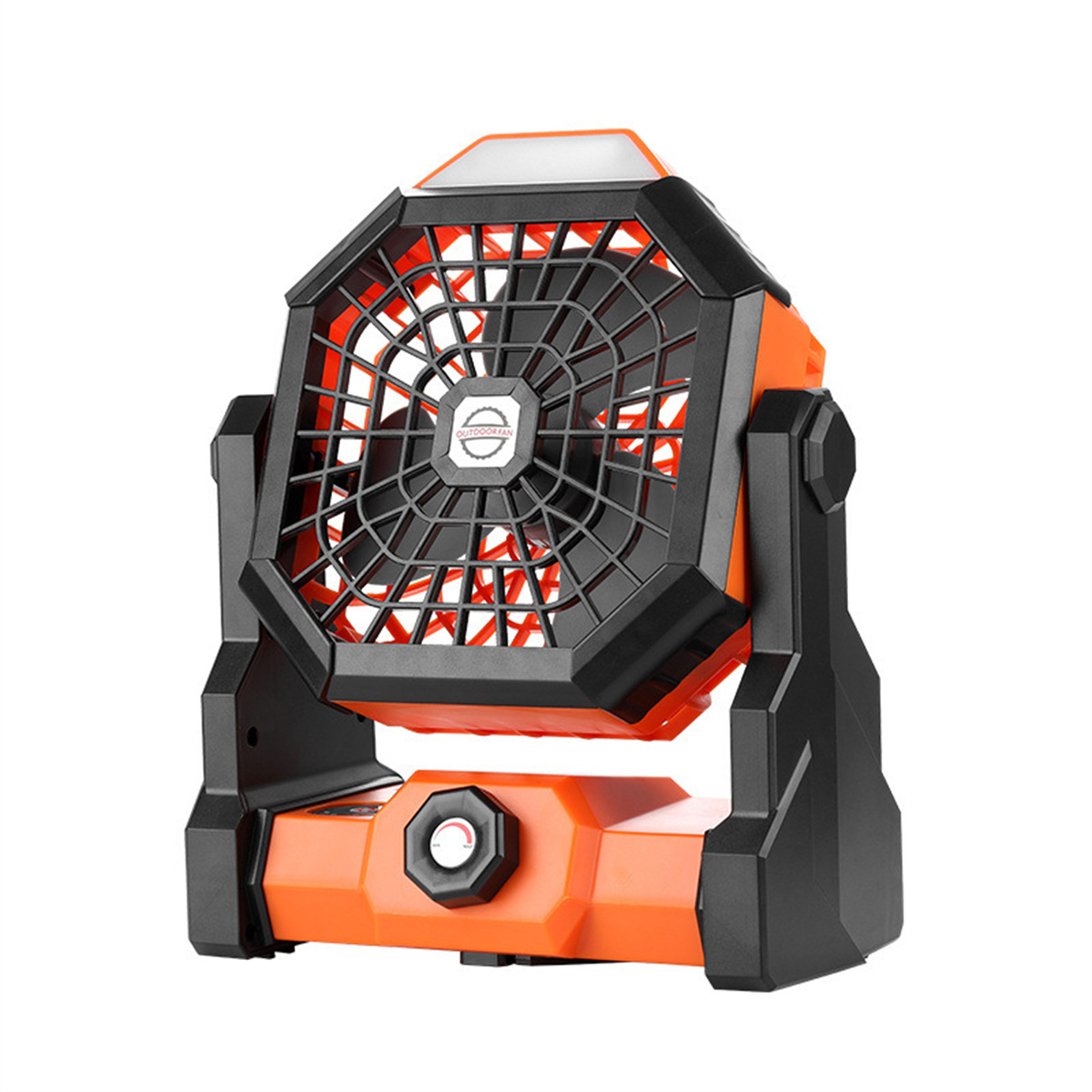 Tragbarer Ventilator in Orange und Schwarz mit schwarzem Käfig und weißem Licht.