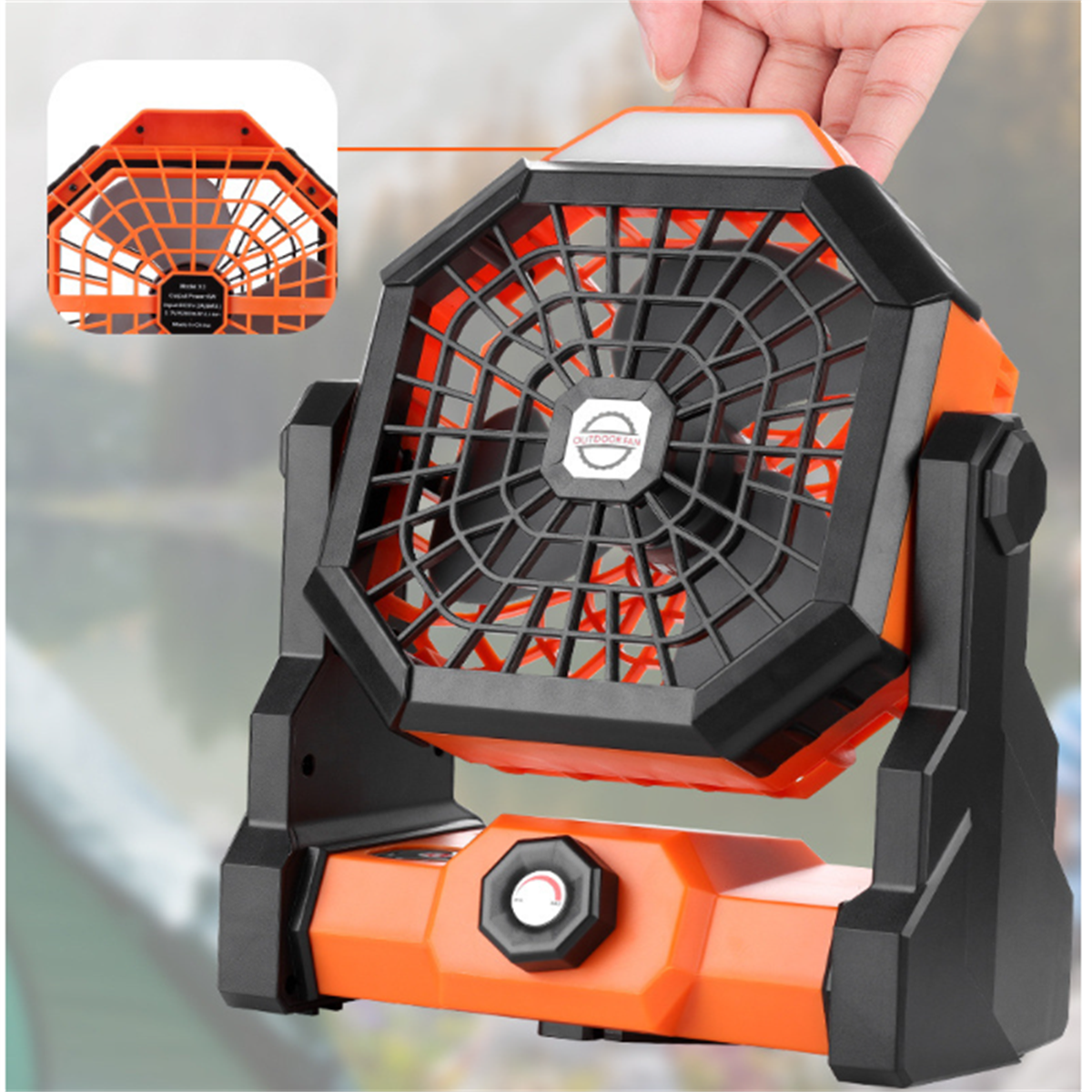 Ein orangefarbener und schwarzer Outdoor-Ventilator mit einem kleinen inset-Bild der Lüfterblätter.