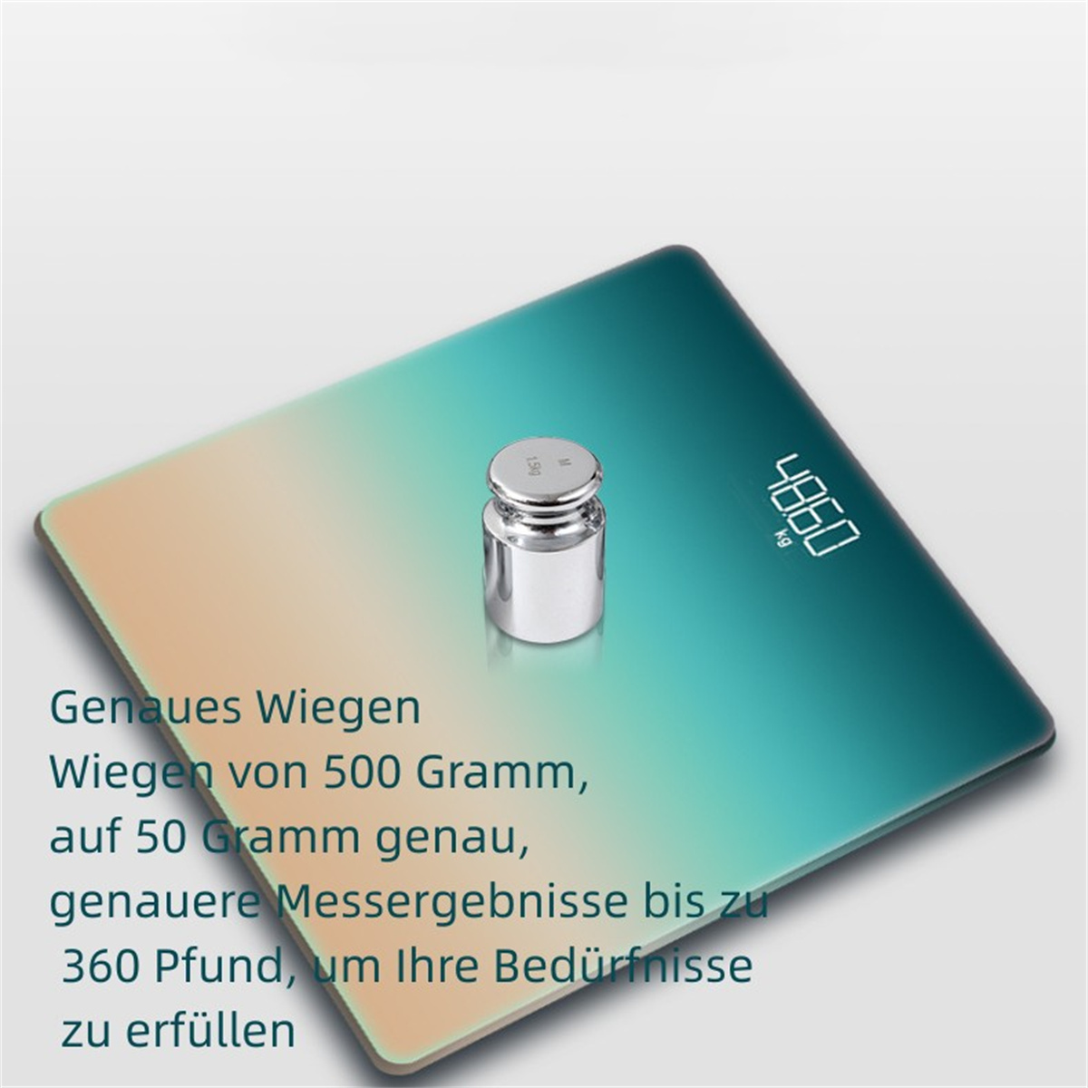Waage mit silbernem Gewicht. Die Waage ist blaugrün und zeigt ein Gewicht von 4860.