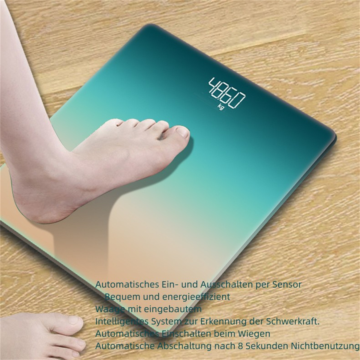 Eine Person steht auf einer türkis-weißen Digitalwaage. Die Waage zeigt 48,60 kg an.