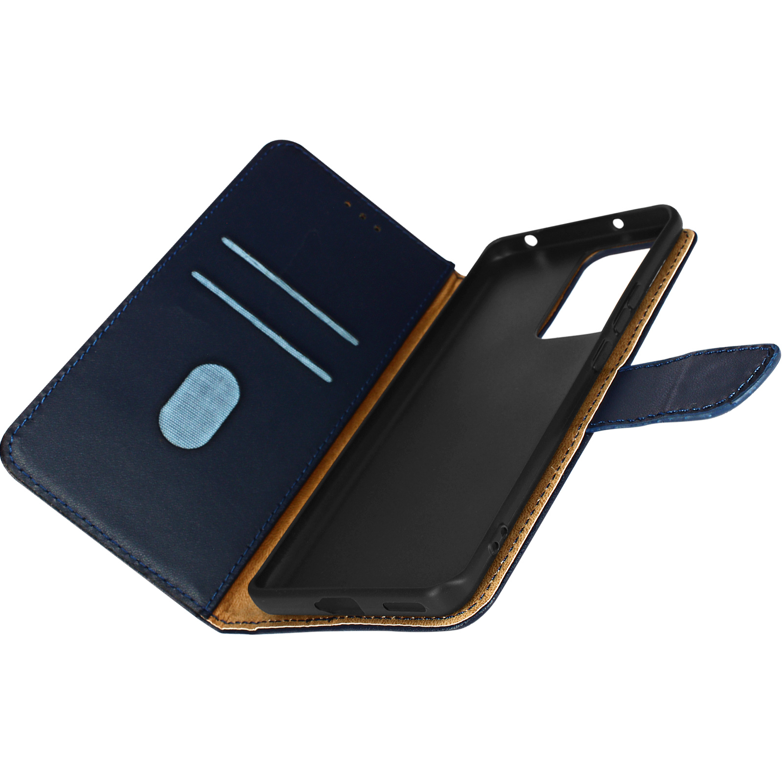 Una custodia blu per telefono è aperta, rivelando l'interno.