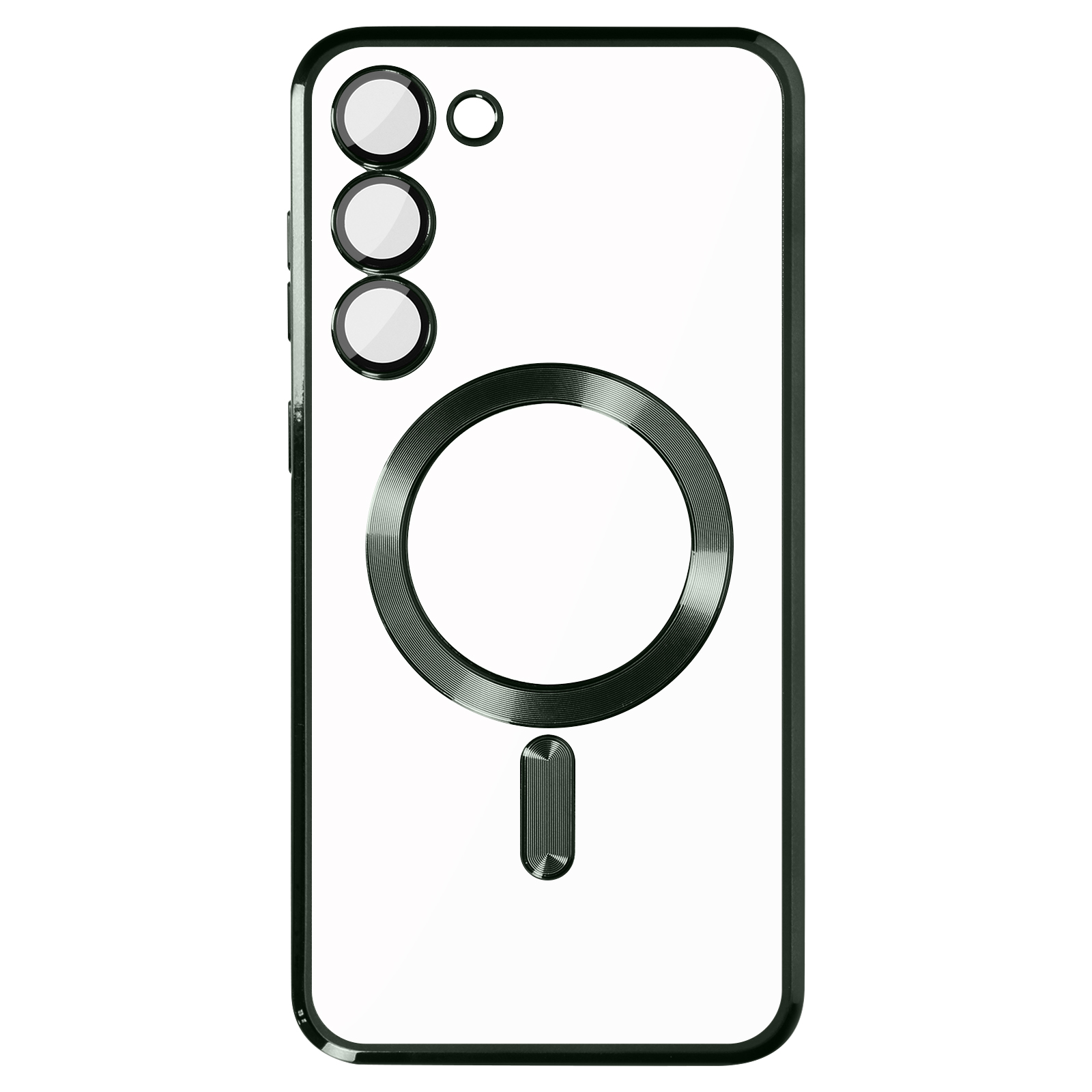 Una custodia per telefono verde con un anello per fotocamera nero, un cerchio e una barra magnetici.