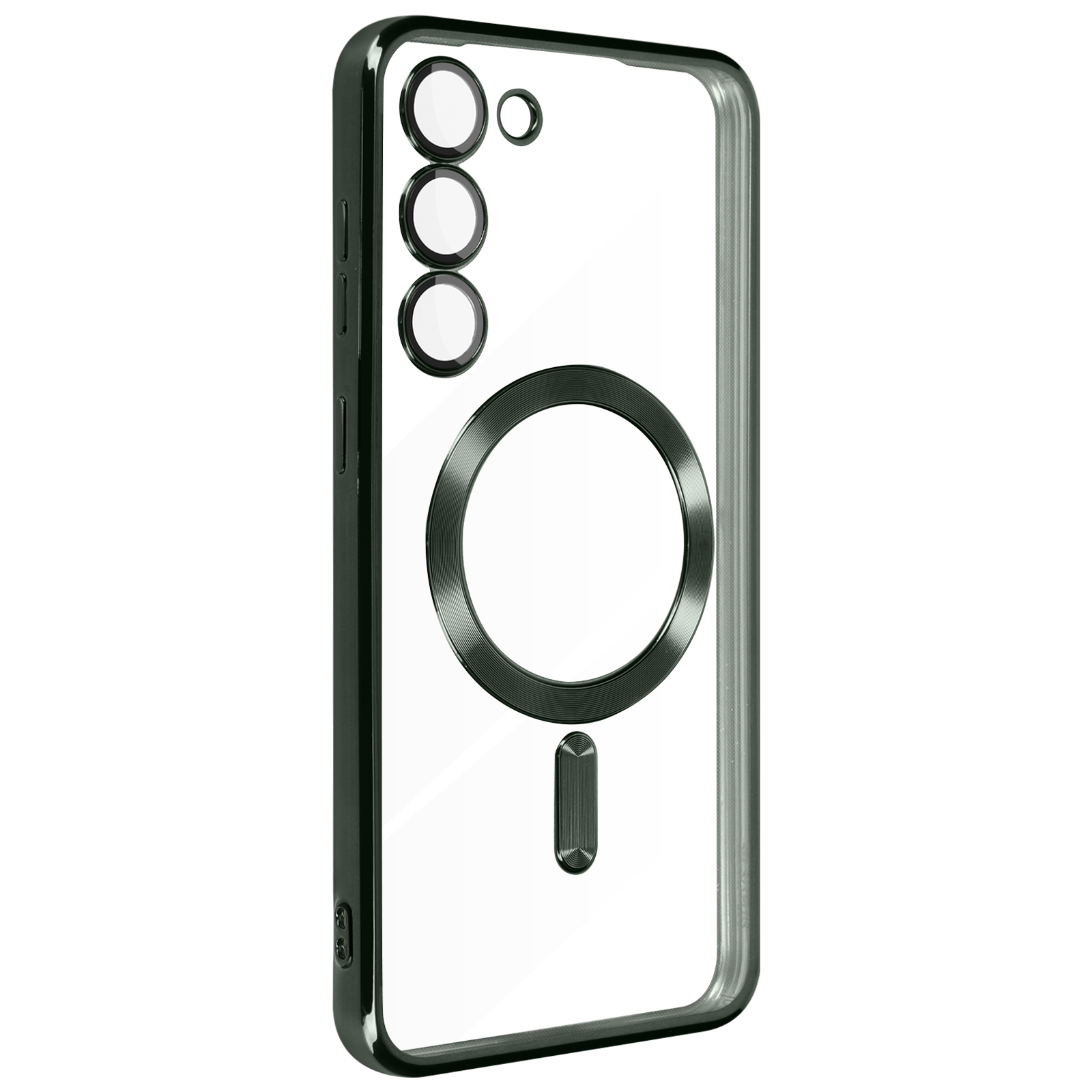 Custodia trasparente con bordi neri. Tre anelli fotocamera e un cerchio magsafe.