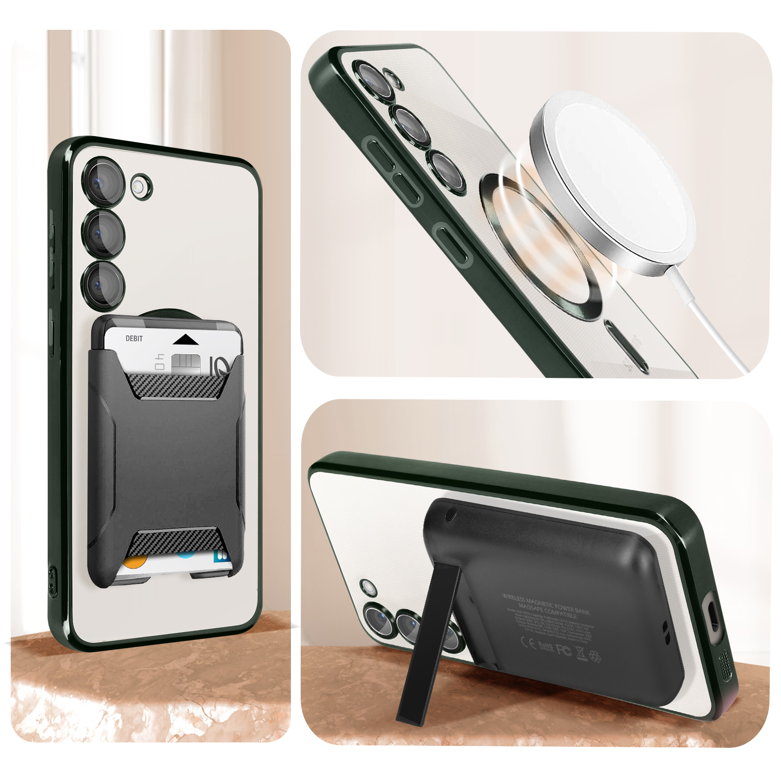 Telefono con custodia, porta carte e caricatore wireless. Cornice verde, retro bianco.
