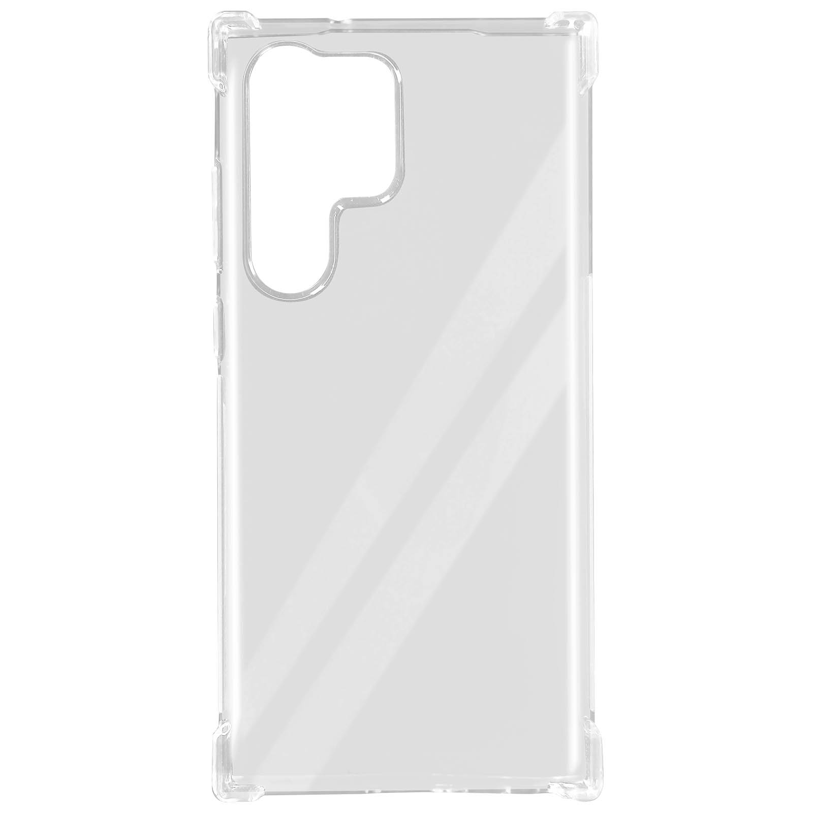 Coque de téléphone transparente. Elle est transparente et comporte des découpes pour l'appareil photo et les boutons.