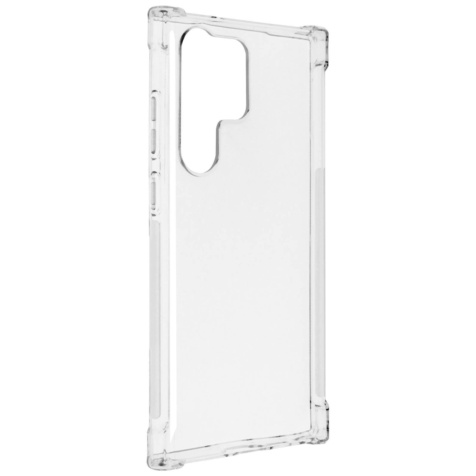 Une coque de téléphone transparente. La coque a une découpe pour la caméra.