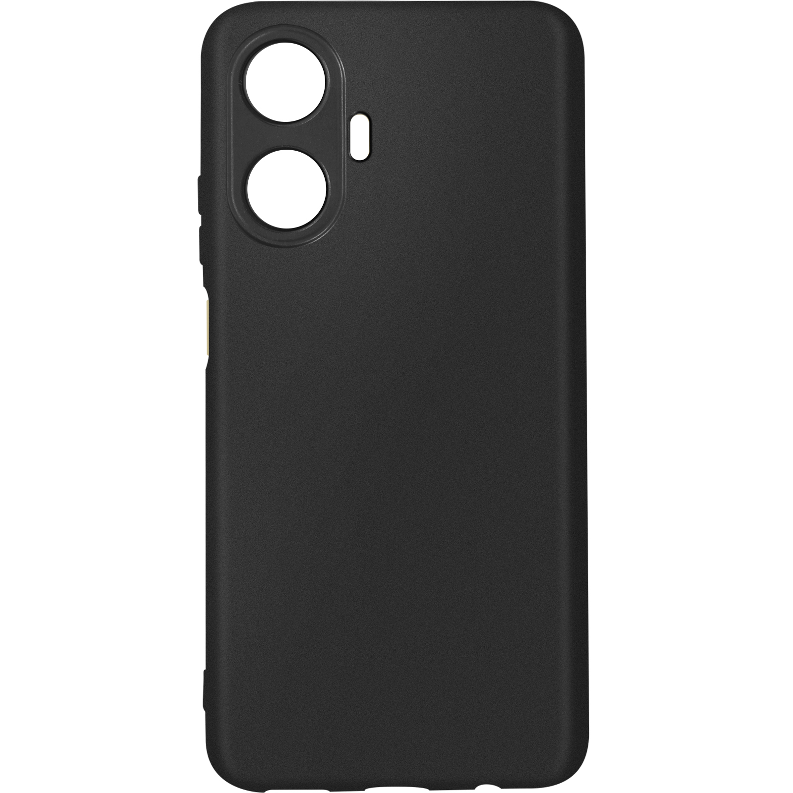 Custodia per telefono nera con due fori per la fotocamera. La custodia ha una texture liscia e opaca.