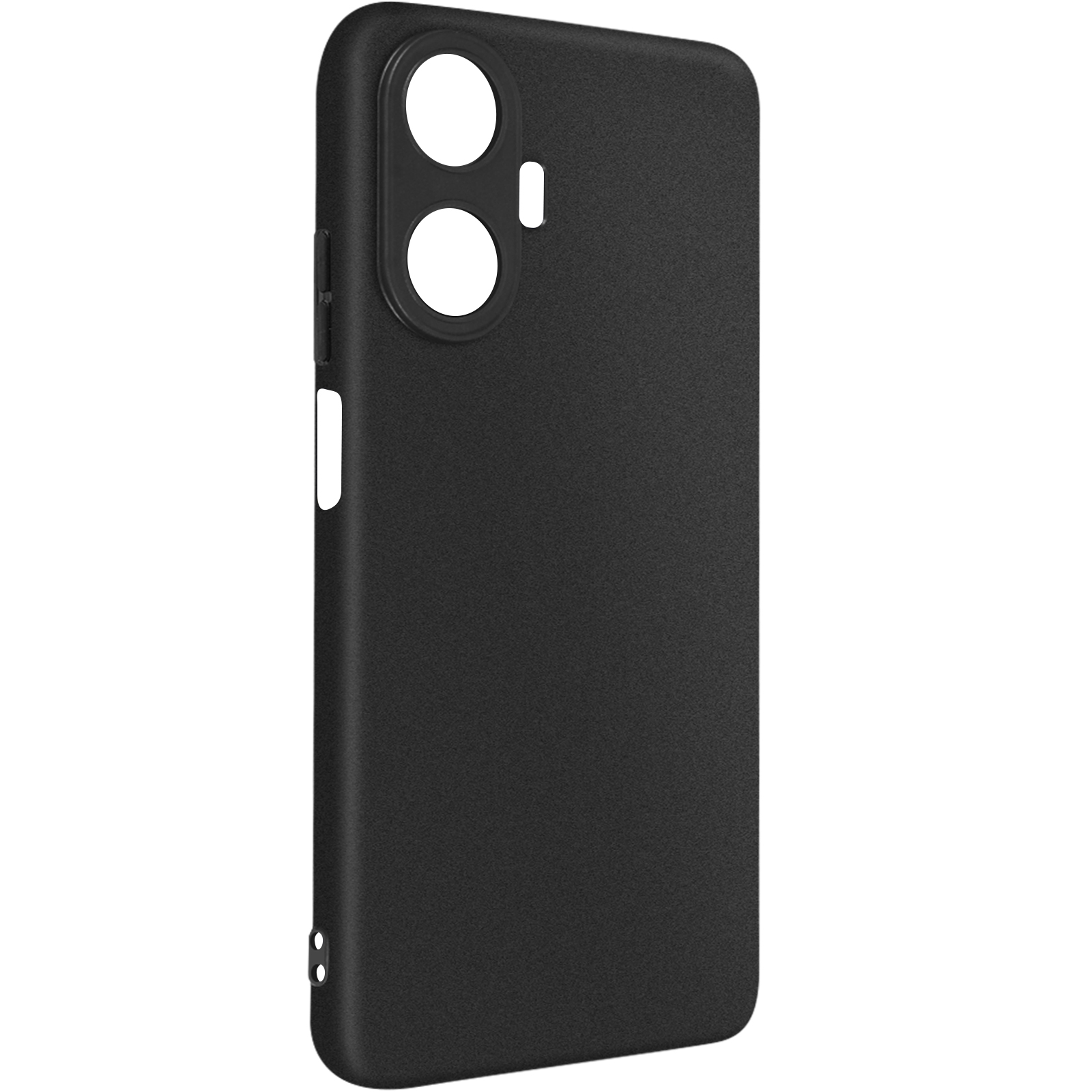 Una custodia per telefono nera con fori per fotocamera e flash su sfondo bianco.