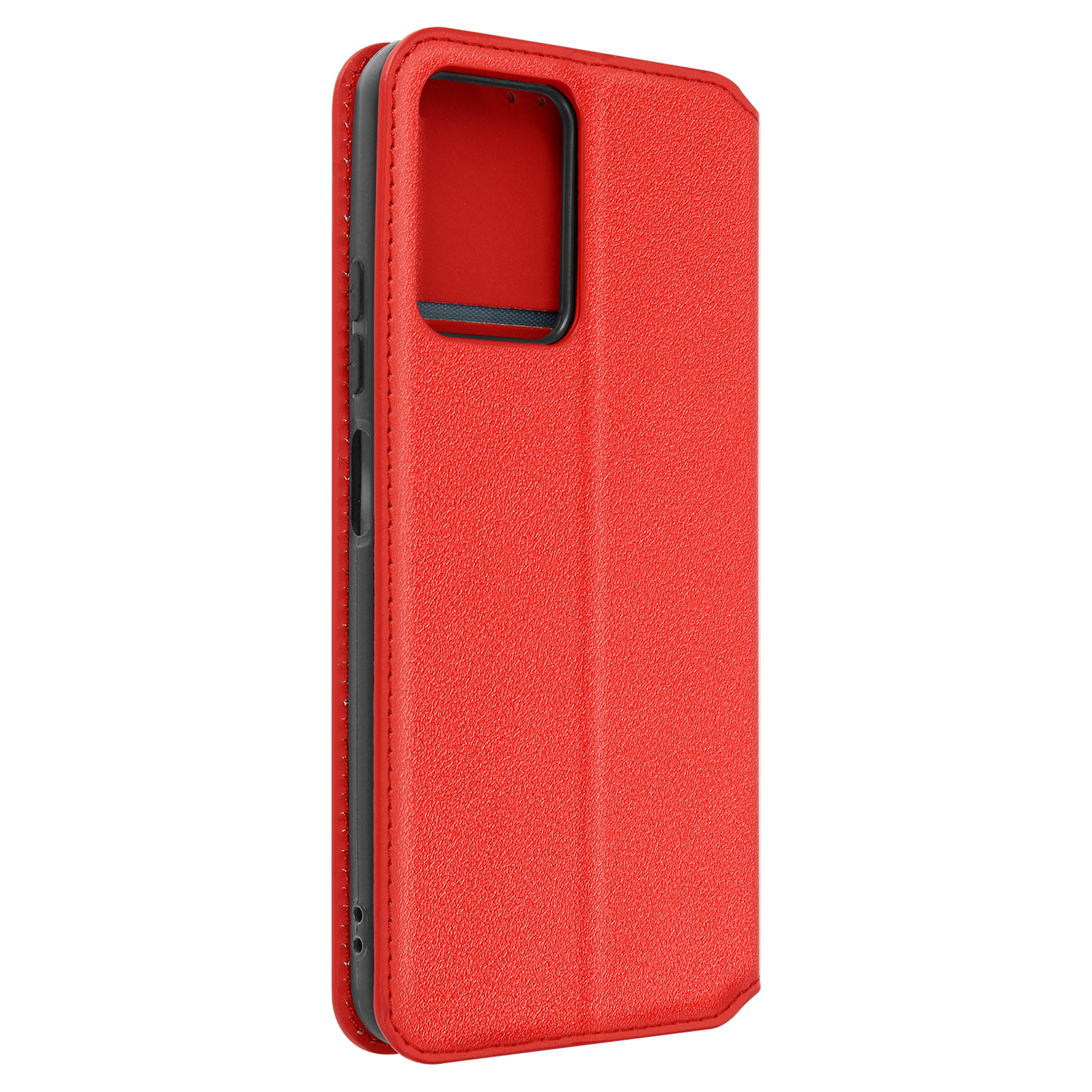 Custodia per telefono in pelle rossa chiusa su sfondo bianco. La vista laterale mostra i pulsanti.