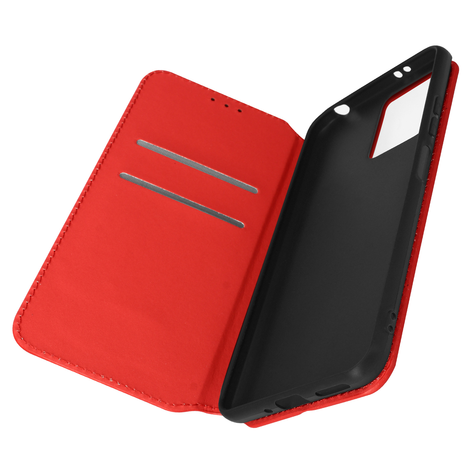 Custodia per telefono in pelle rossa con interno nero, aperta, con fessure per carte.