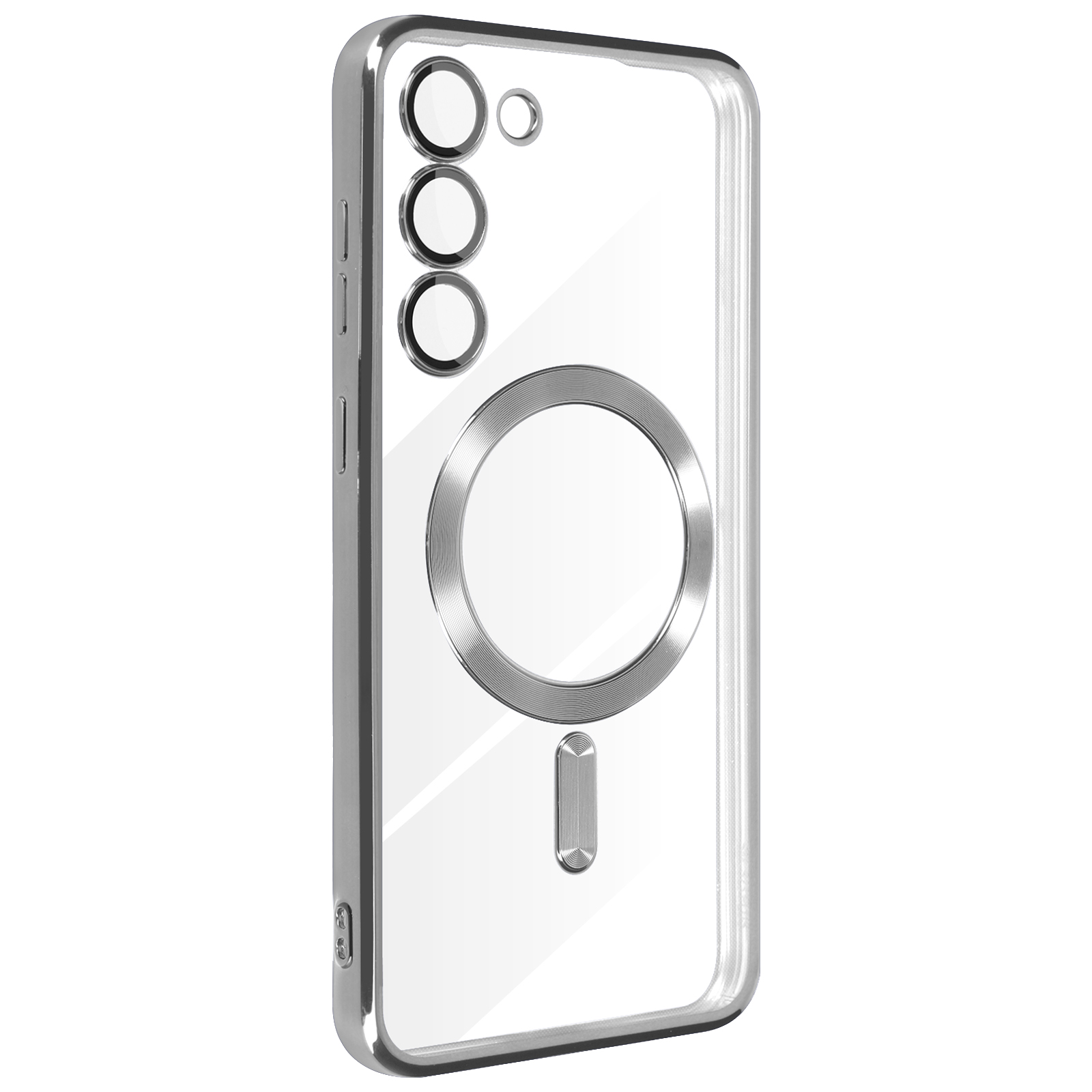 Una custodia trasparente per telefono con cornice in metallo argentato e anello magnetico. Sfondo bianco.