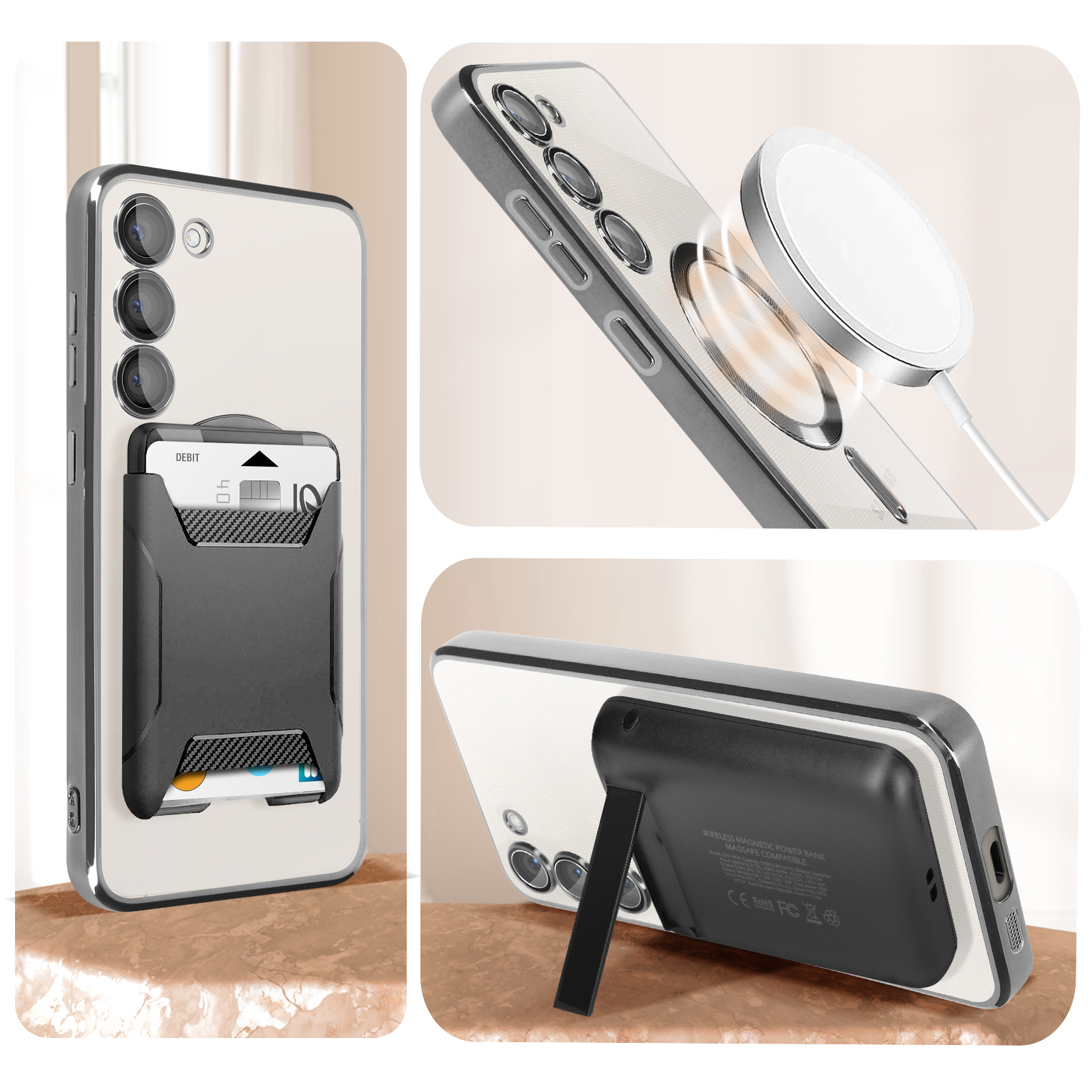 Un telefono con custodia porta carte, caricatore wireless e supporto.