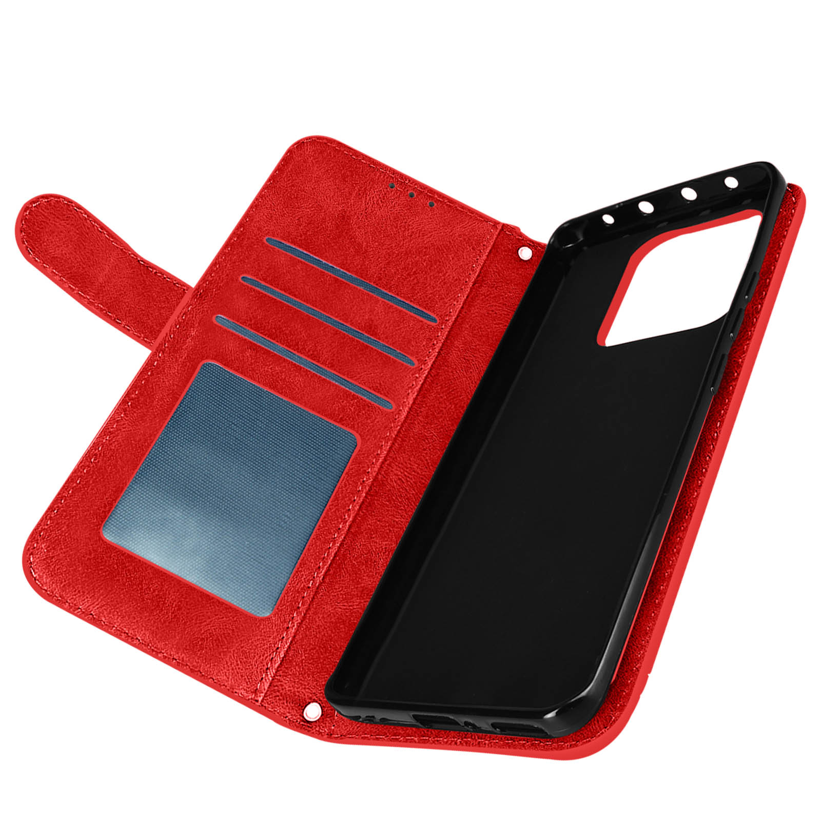 Rote Leder-Handyhülle, offen, mit Kartenfächern und Telefon.