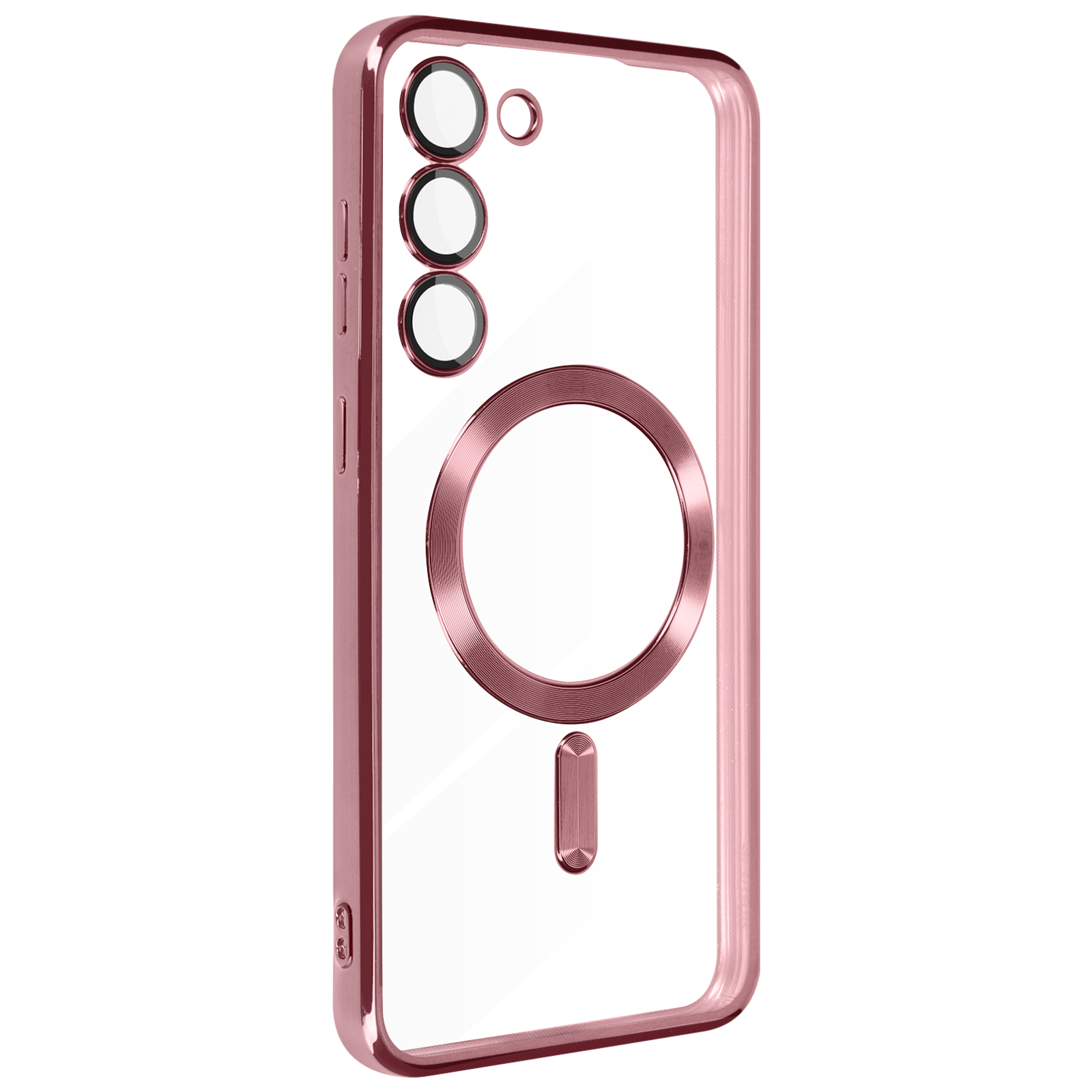 Una custodia per telefono oro rosa con retro trasparente e anello magnetico. Bianco.