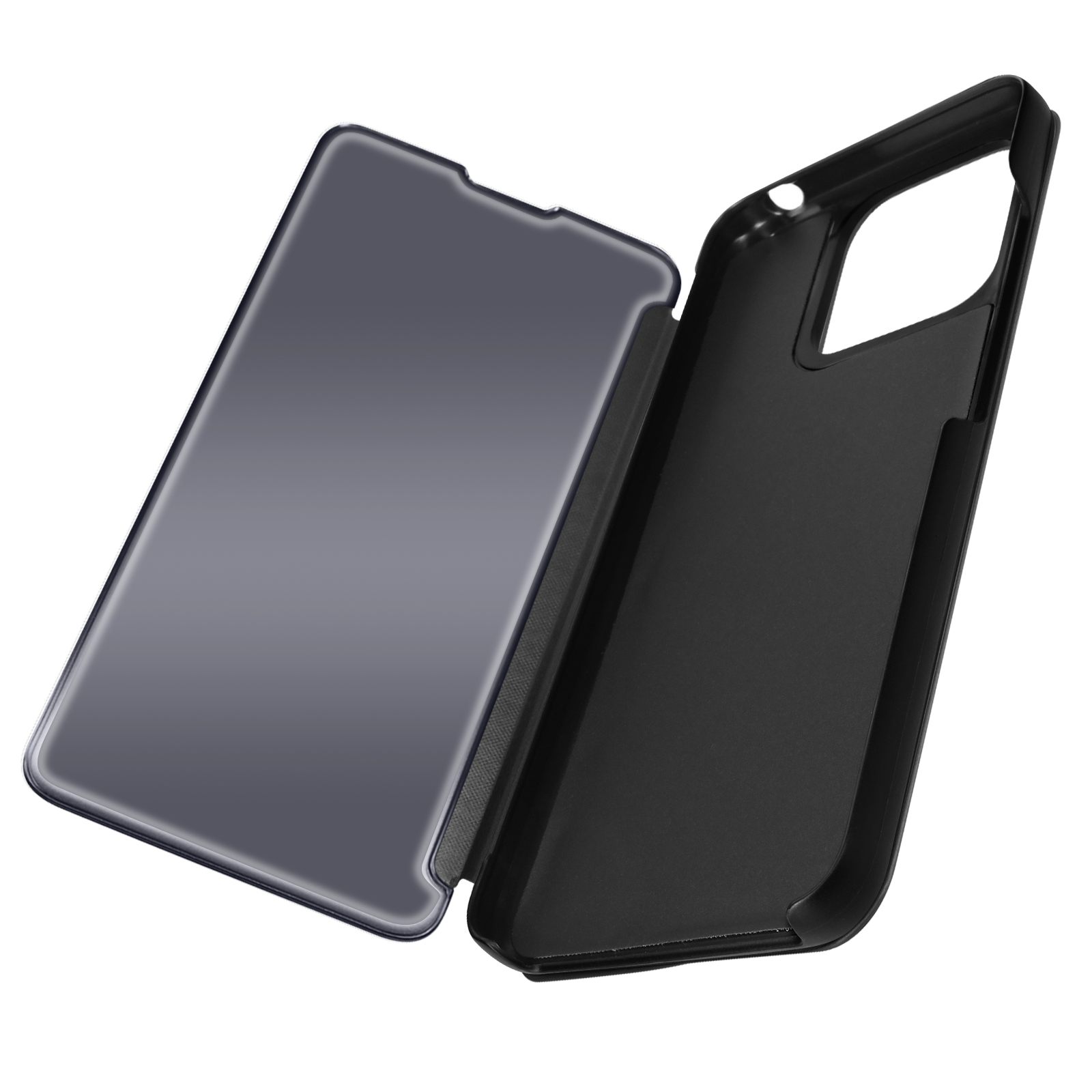 Custodia per telefono nera, aperta per rivelare lo schermo del telefono. Design a specchio.