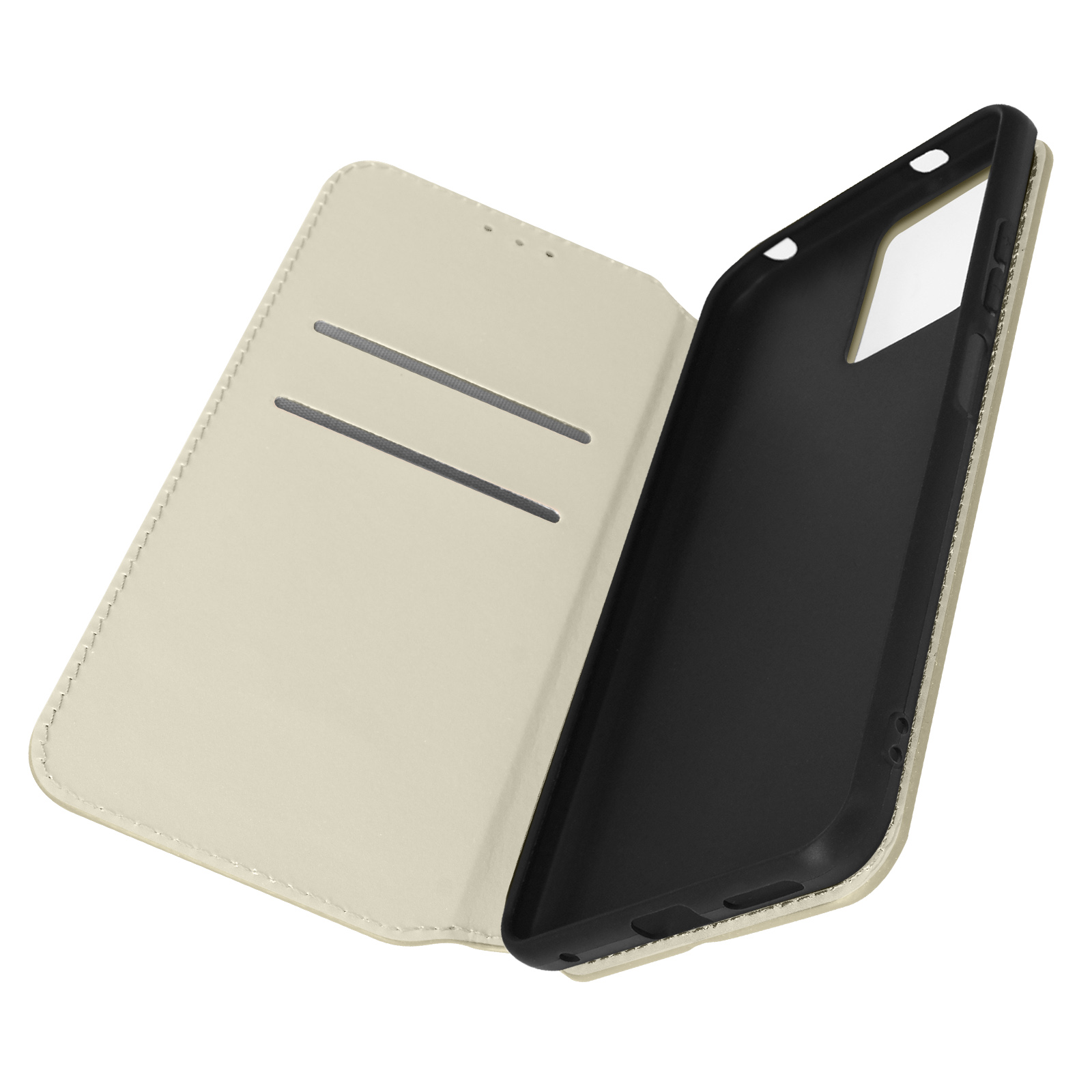 Custodia per telefono color crema, aperta, che mostra l'interno e un supporto nero.