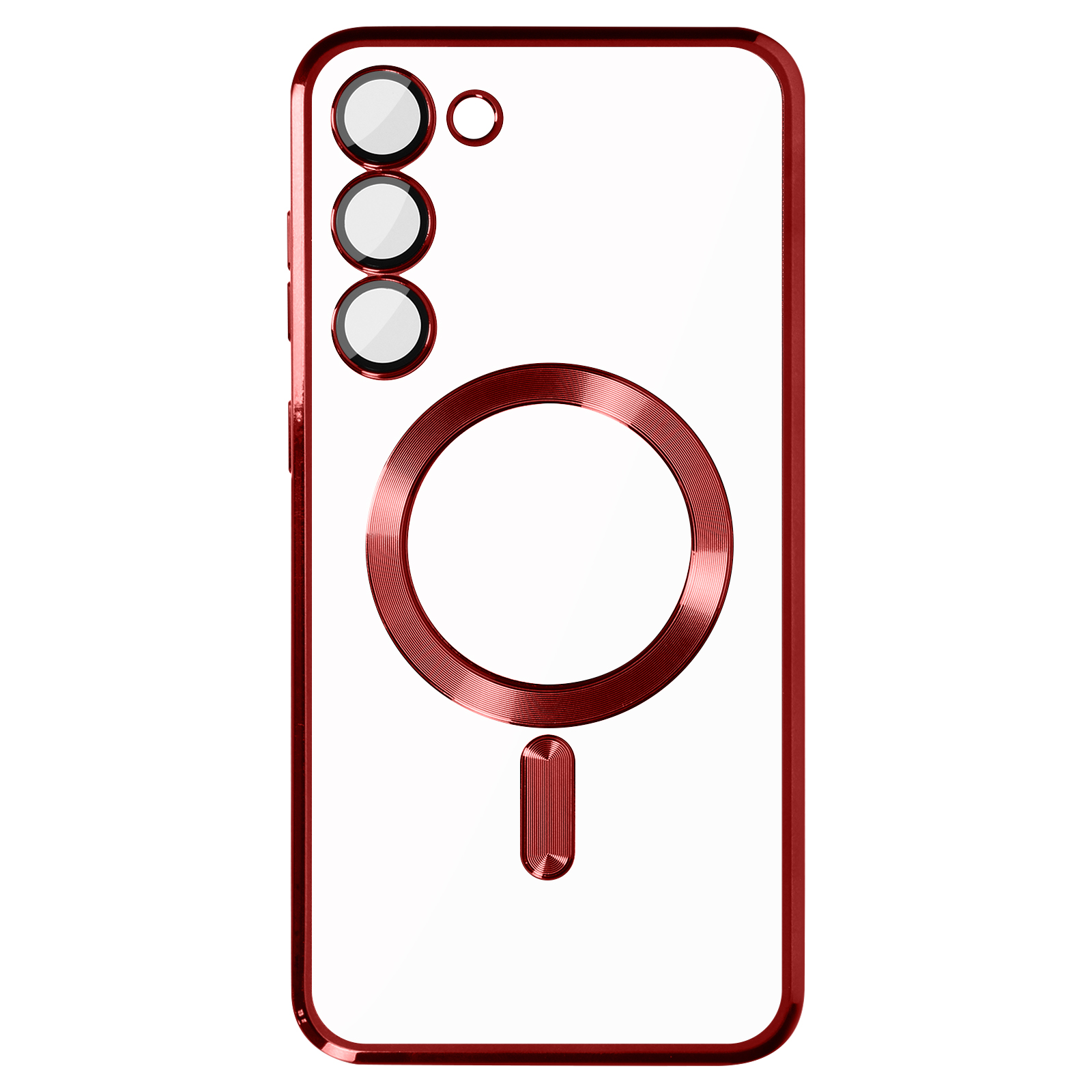 Una custodia trasparente per telefono con accenti rossi, con un anello magnetico e ritagli per la fotocamera.