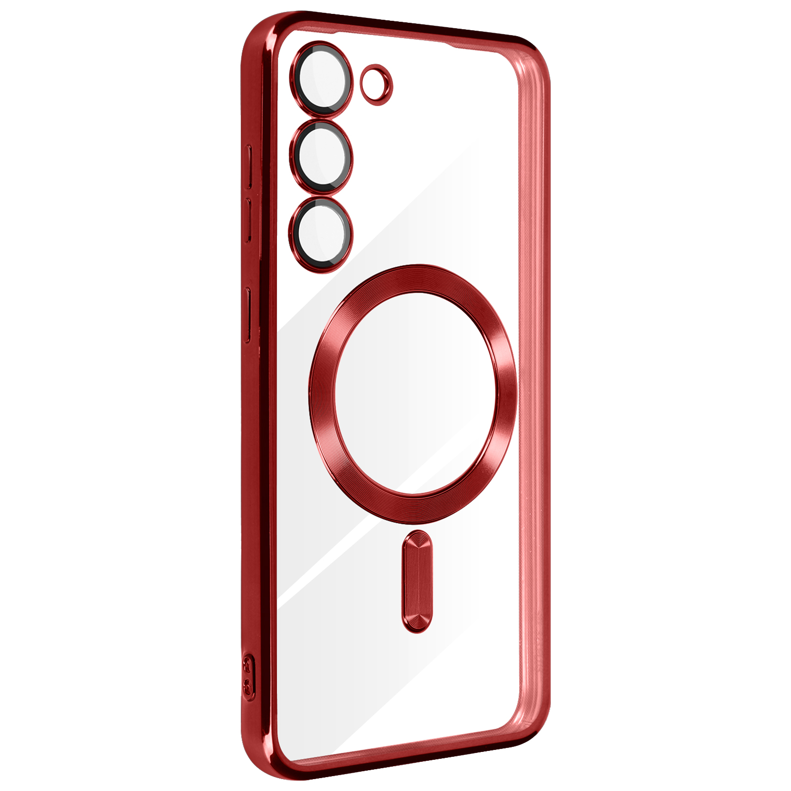 Custodia per telefono rossa con retro trasparente. La custodia ha un anello magnetico al centro.