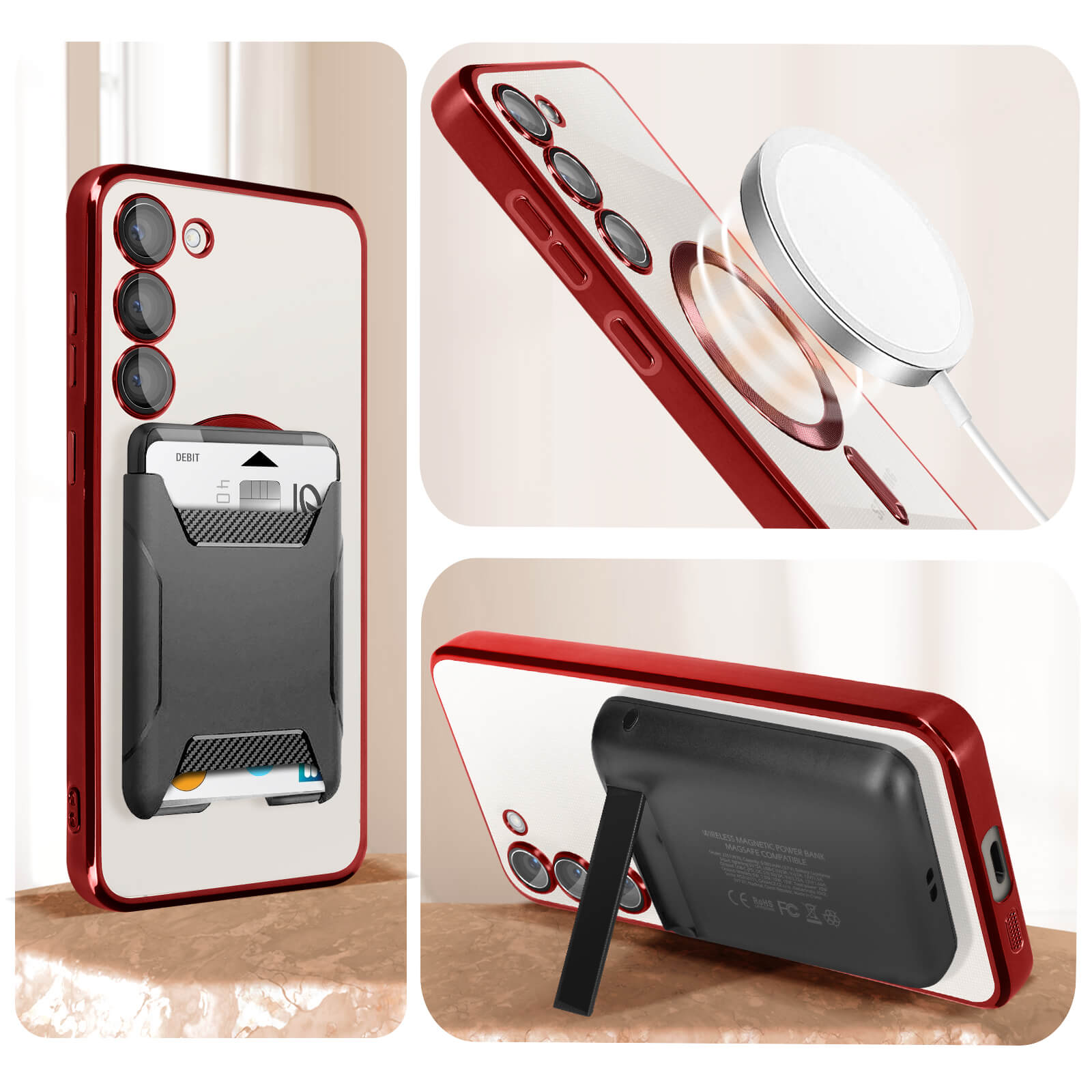 Custodia trasparente con cornice rossa. Un porta carte nero è attaccato al telefono. Caricabatterie MagSafe. Supporto.