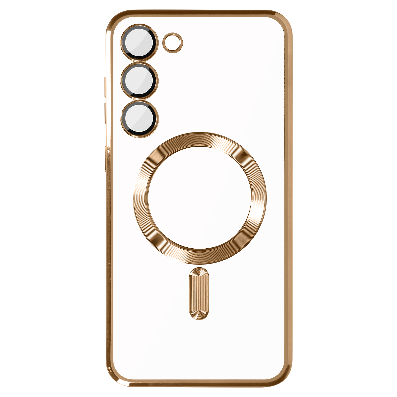 Custodia trasparente con cornice e anello fotocamera dorati. Ha tre fori per la fotocamera.