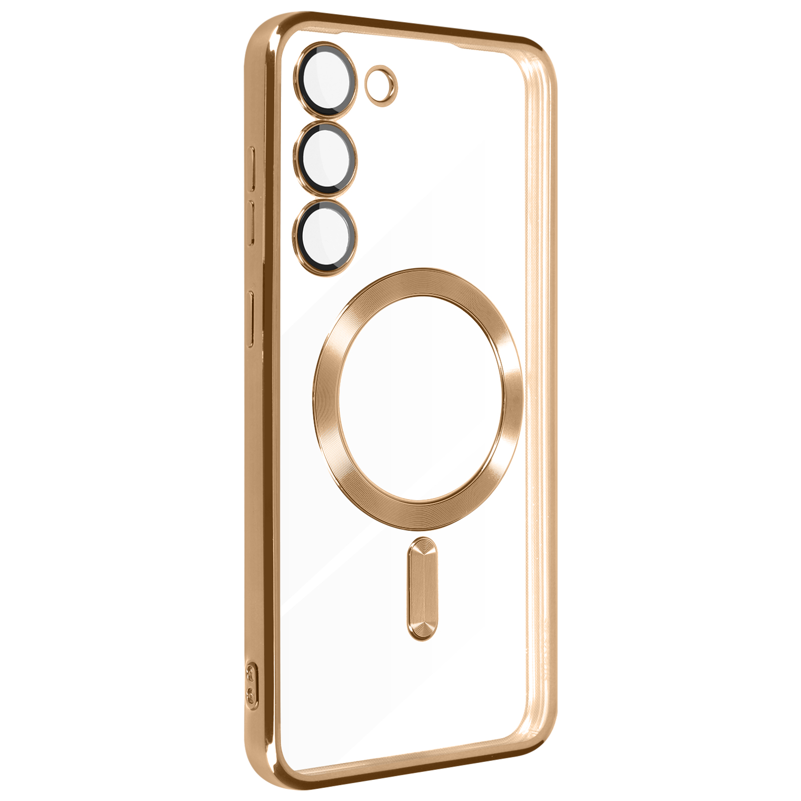 Una custodia per telefono color oro con fori per fotocamera e un anello MagSafe. La custodia è trasparente.