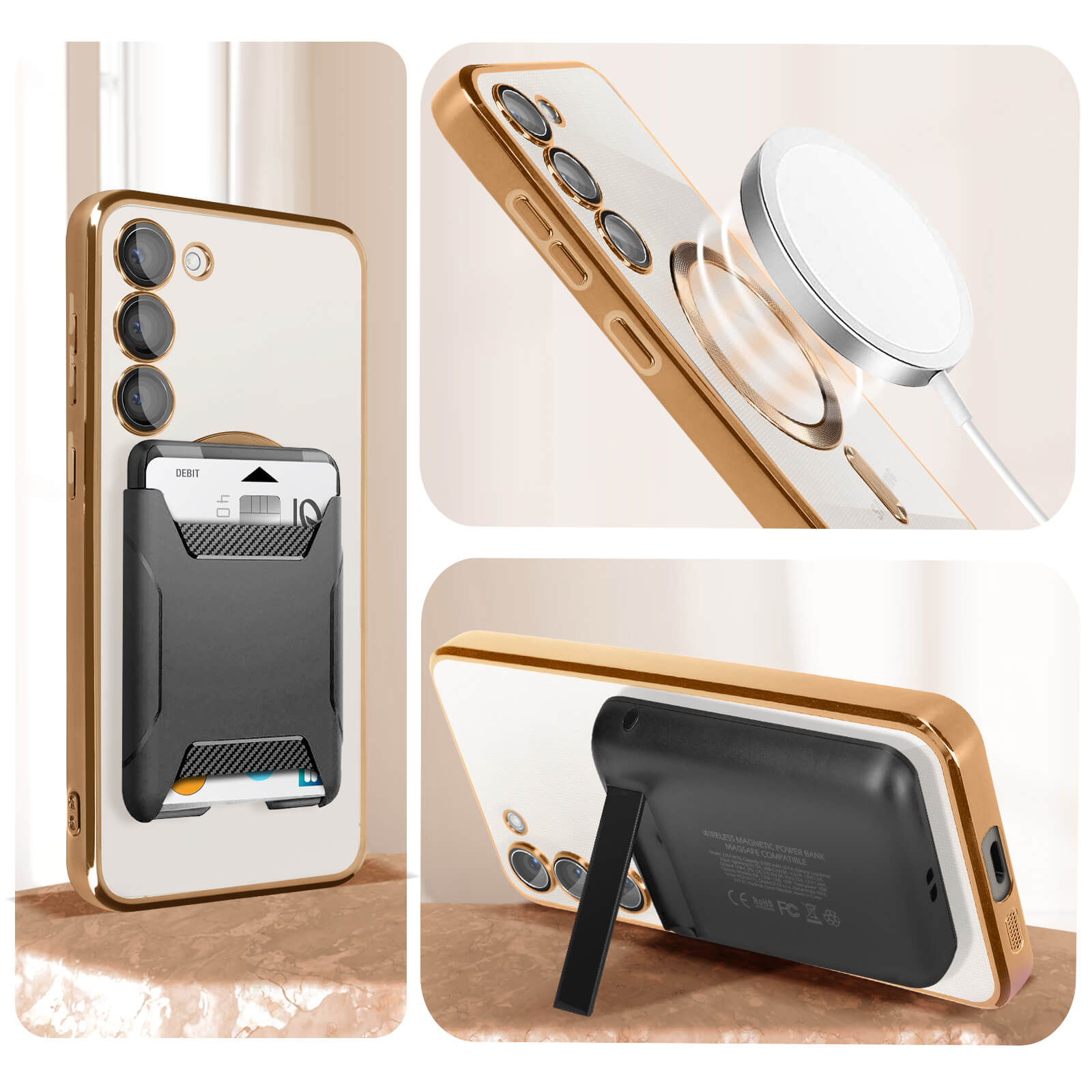 Custodia per telefono con bordi dorati e telefono. Include disco magnetico e supporto.